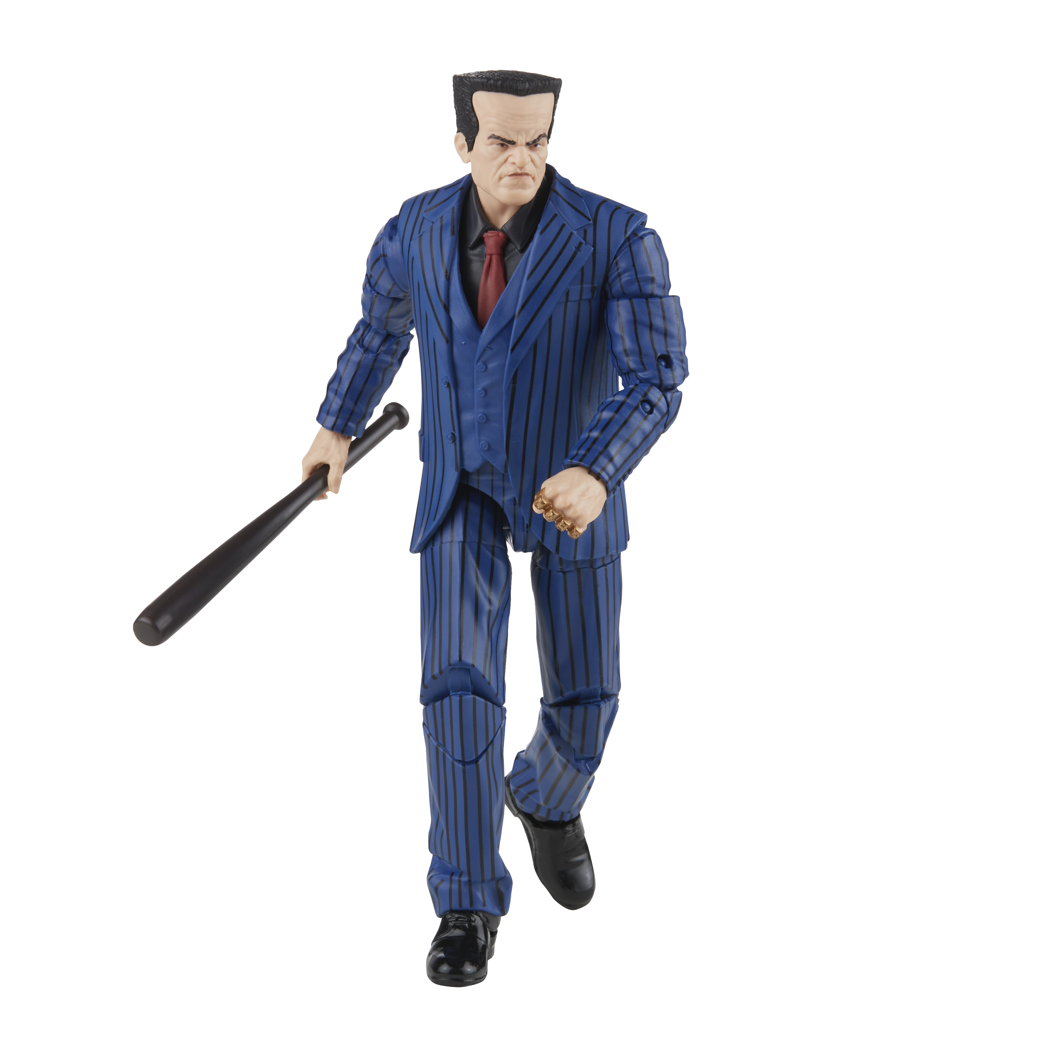 Una figura di un uomo in abito blu a strisce nere, con una mazza da baseball. Ha un'espressione severa.