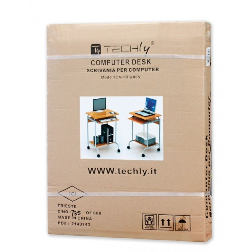 Scatola di cartone con immagine di scrivania per computer. Il testo include 'TECHly', 'COMPUTER DESK', 'WWW.techly.it' ed etichette di spedizione.