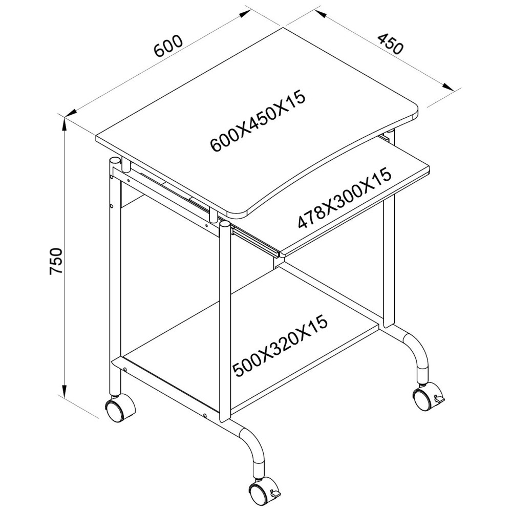 Vista isometrica di una scrivania su ruote, con dimensioni. Ha un piano, un vassoio estraibile e un ripiano inferiore.