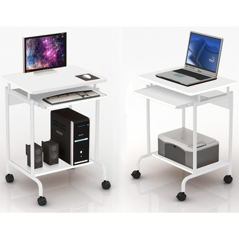 Due carrelli per computer bianchi. Uno ha un monitor, una tastiera e altoparlanti. L'altro ha un laptop e una stampante.