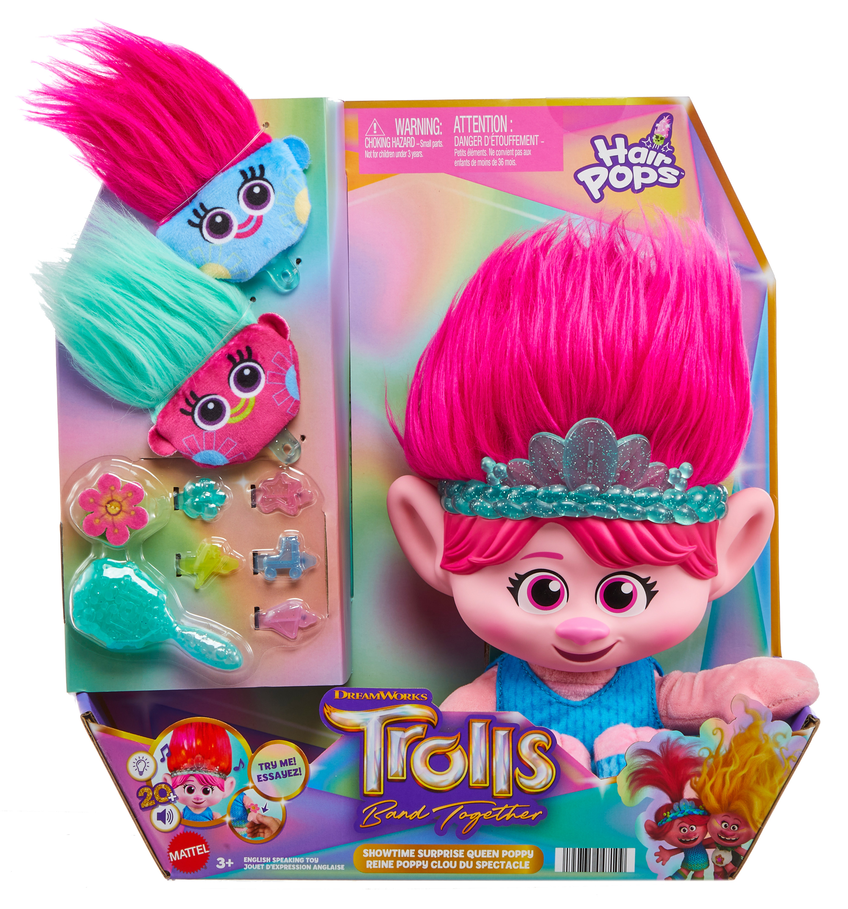 Eine Trolls-Spielzeugkiste mit einer Puppe und Zubehör. Die Puppe hat rosa Haare und ein blaues Kleid. Weitere Gegenstände sind sichtbar.