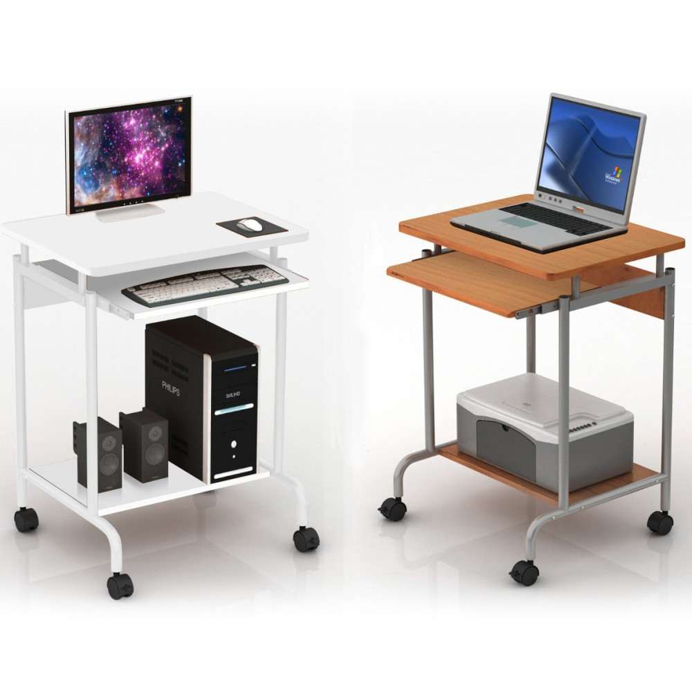 Due carrelli per computer, uno con monitor e PC, l'altro con laptop e stampante. Entrambi hanno ruote.