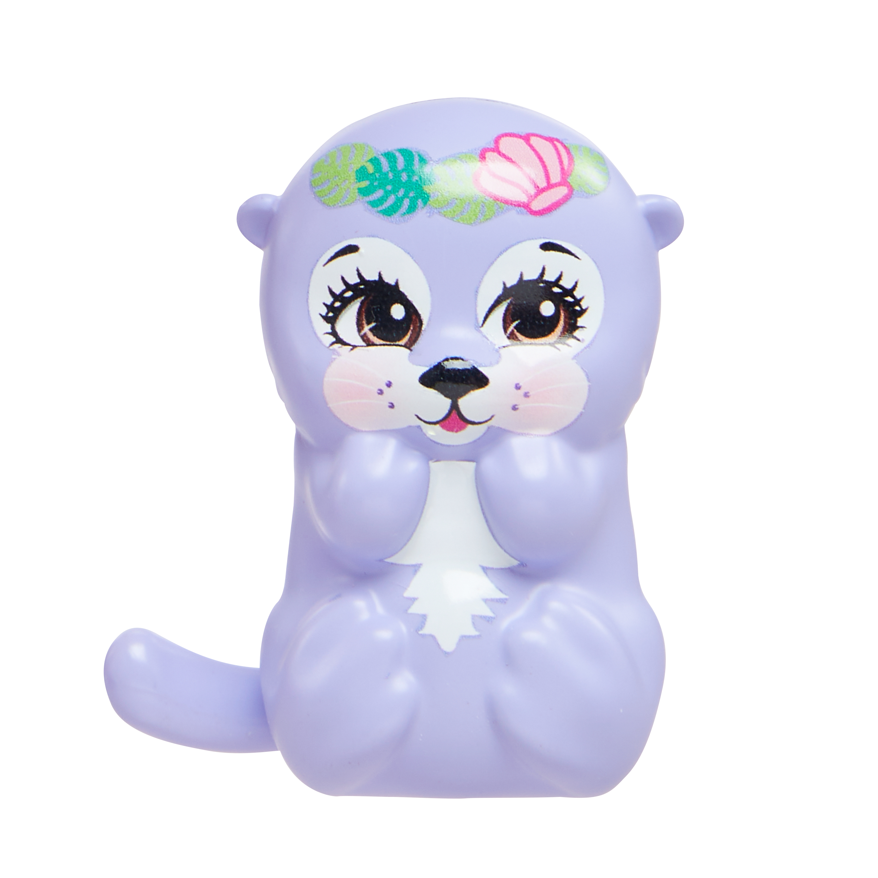 Ein lila Otter-Spielzeug mit Blumenkranz. Es hat große Augen und hält die Pfoten hoch. Weißer Hintergrund.