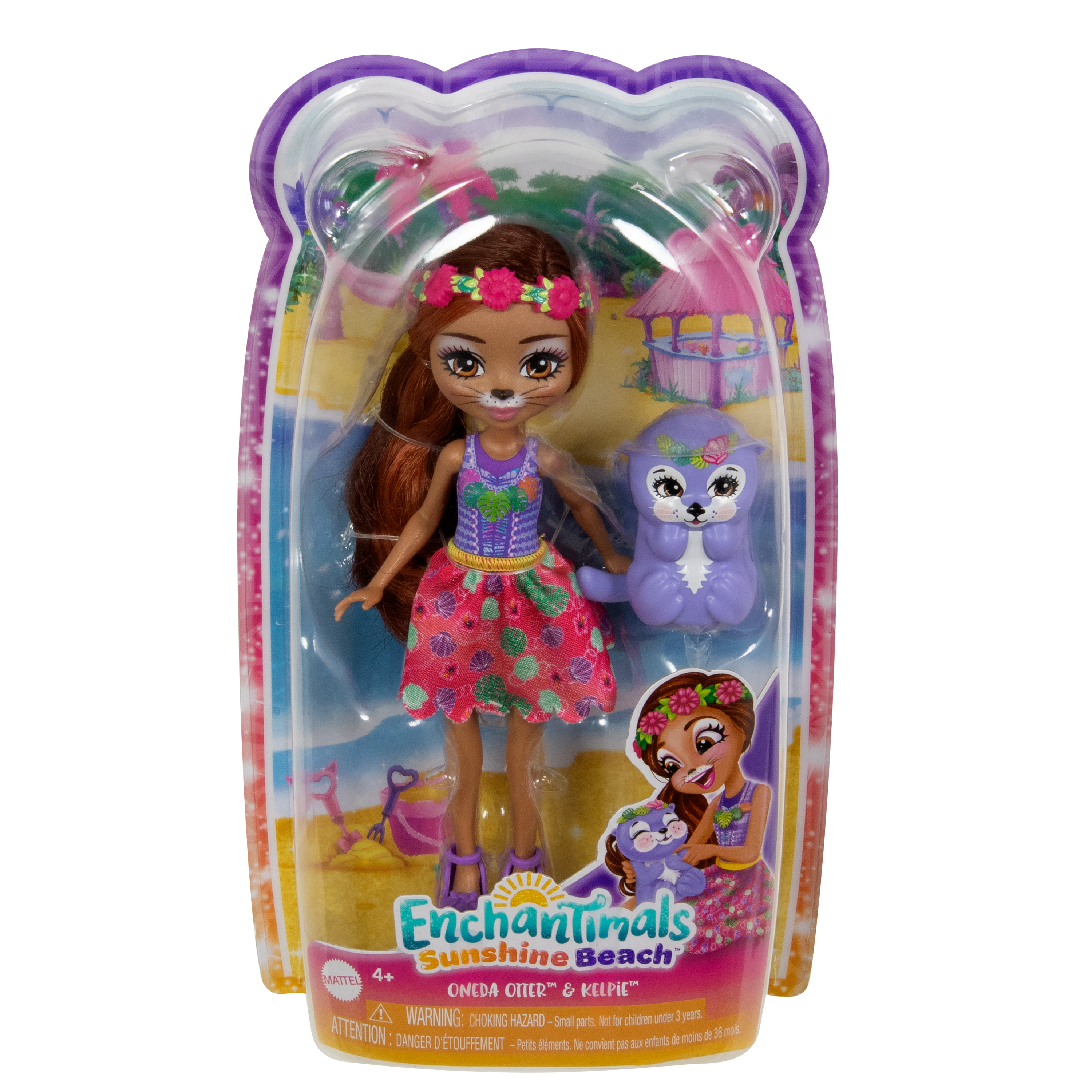 Eine Puppe in einer Verpackung. Sie hat braune Haare, einen Blumenkranz und ein lila Kleid. Ein lila Otter ist ebenfalls enthalten.
