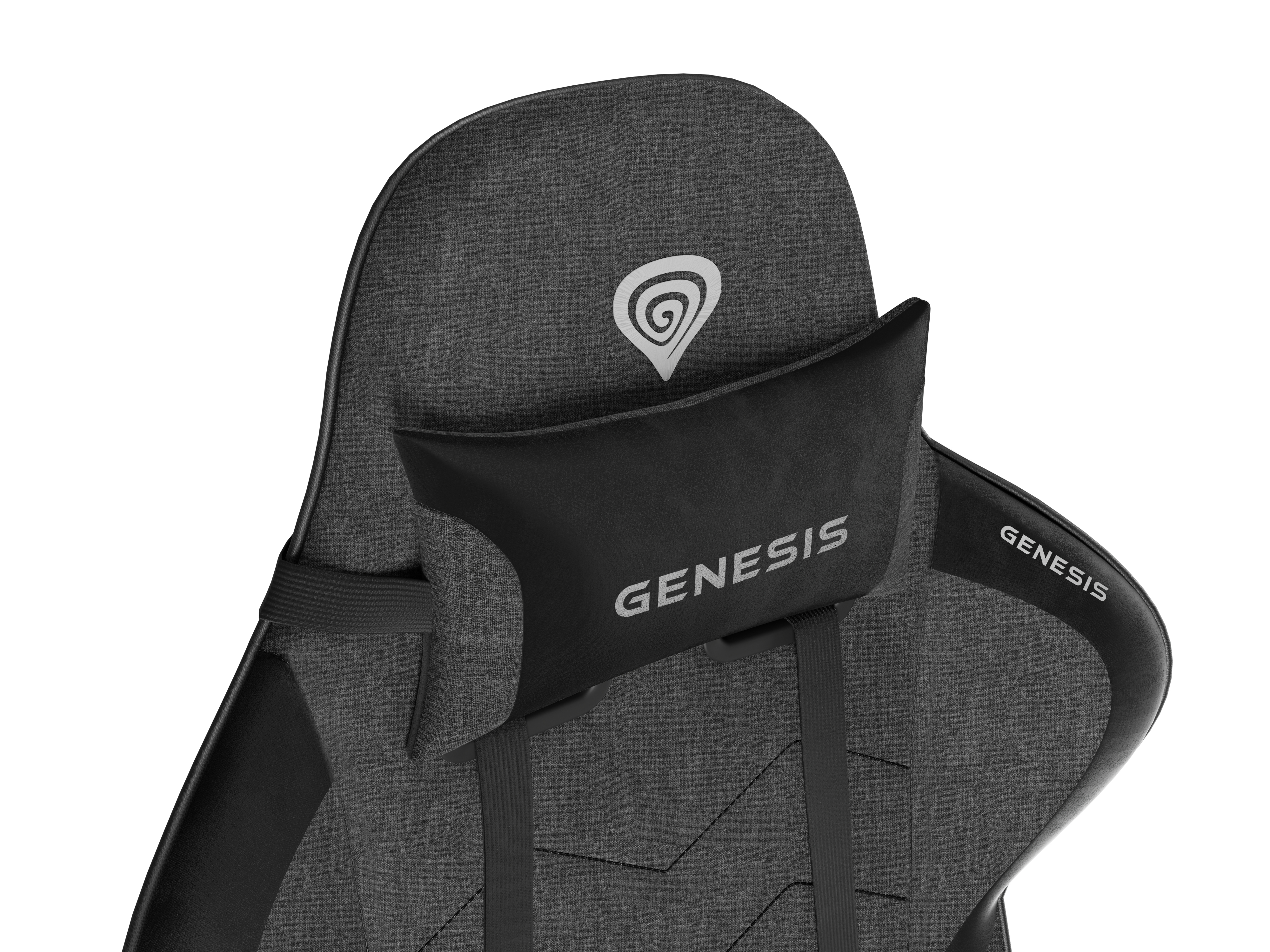 Eine graue Gaming-Stuhl-Kopfstütze mit Genesis-Logo und ein schwarzes Nackenkissen.