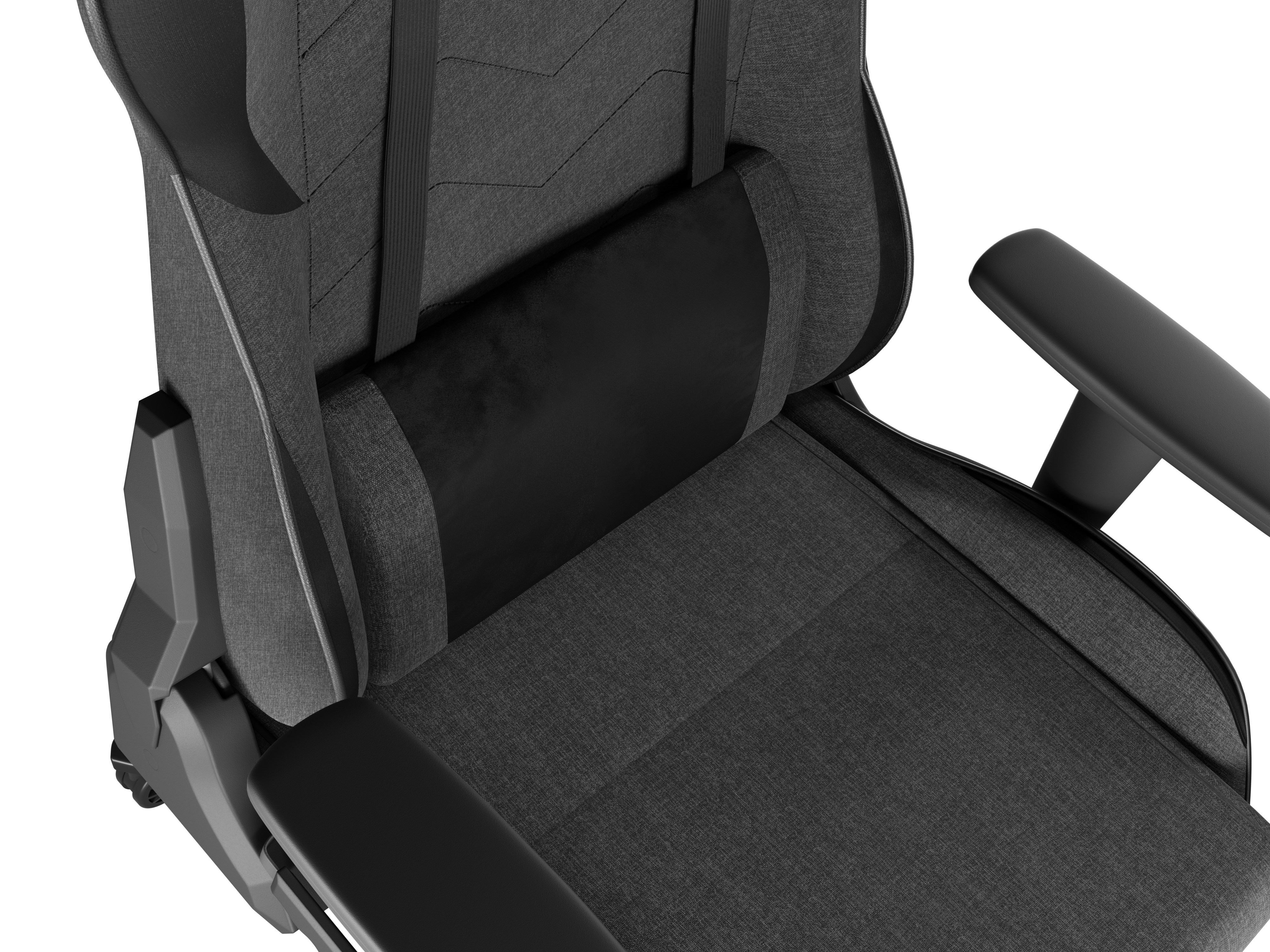 Nahaufnahme eines grauen Gaming-Stuhls. Schwarze Akzente und ein schwarzes Lordosenstützkissen sind sichtbar.