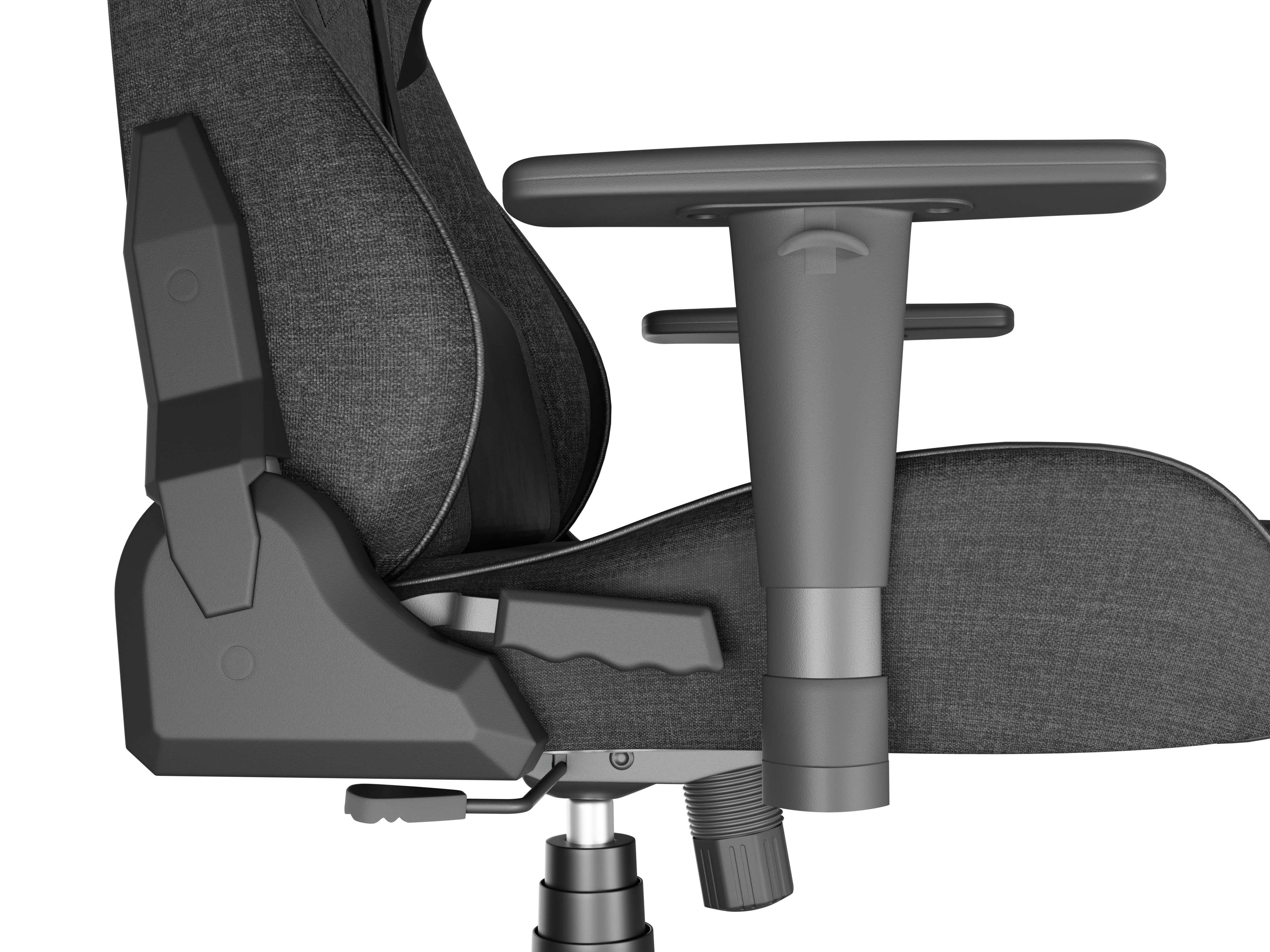 Nahaufnahme eines grauen Gaming-Stuhls. Armlehne, Rückenlehne und Sitz sind sichtbar. Der Hintergrund ist weiß.