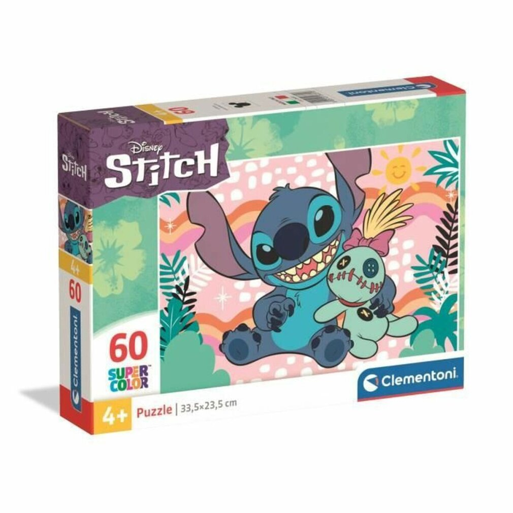 Pudełko z puzzlami Stitch z Stitchem i lalką. Kolorowy design z logo Stitch i opisem: 60 SUPER COLOR 4+ Puzzle.