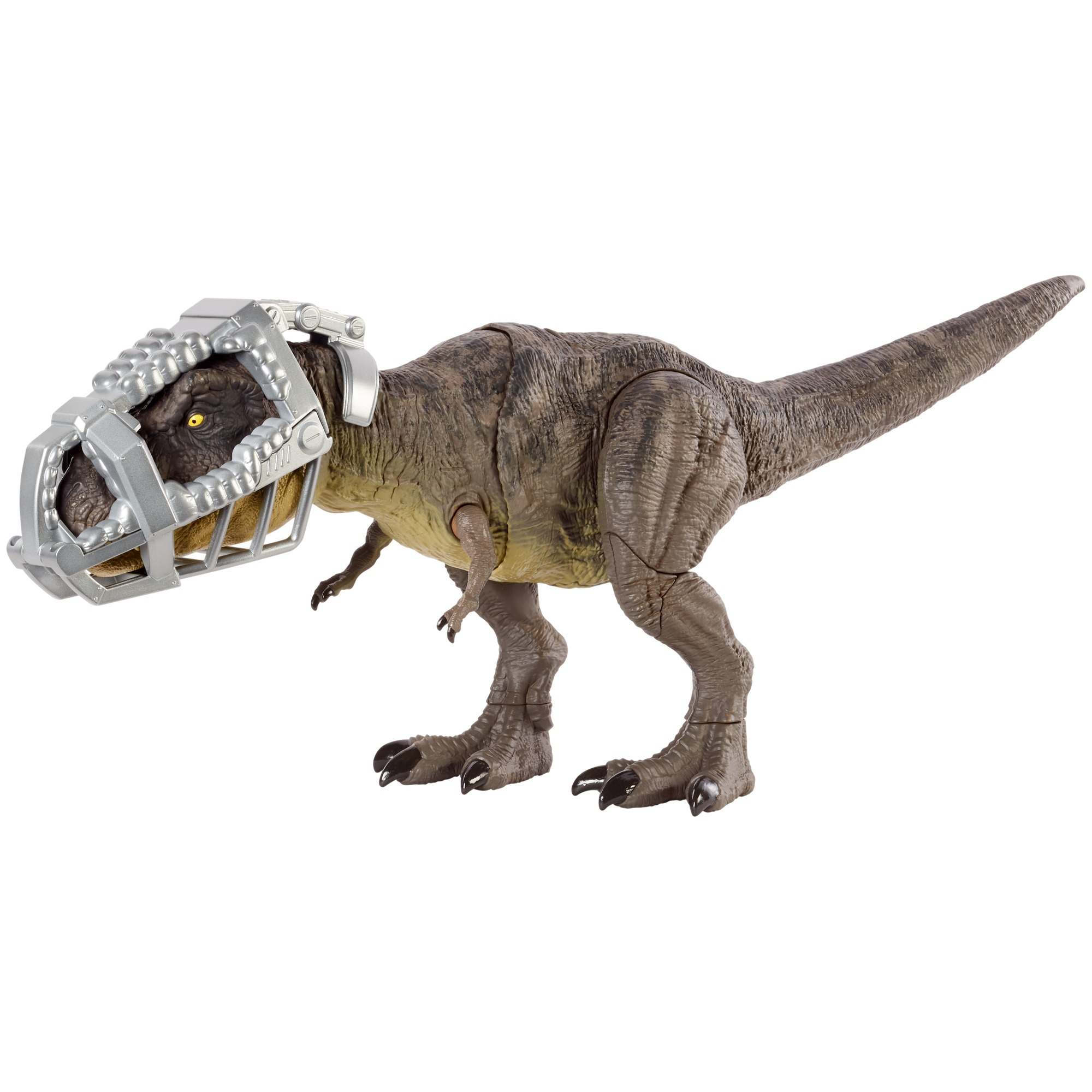Un juguete de Tyrannosaurus Rex marrón con bozal plateado. Está sobre un fondo blanco.
