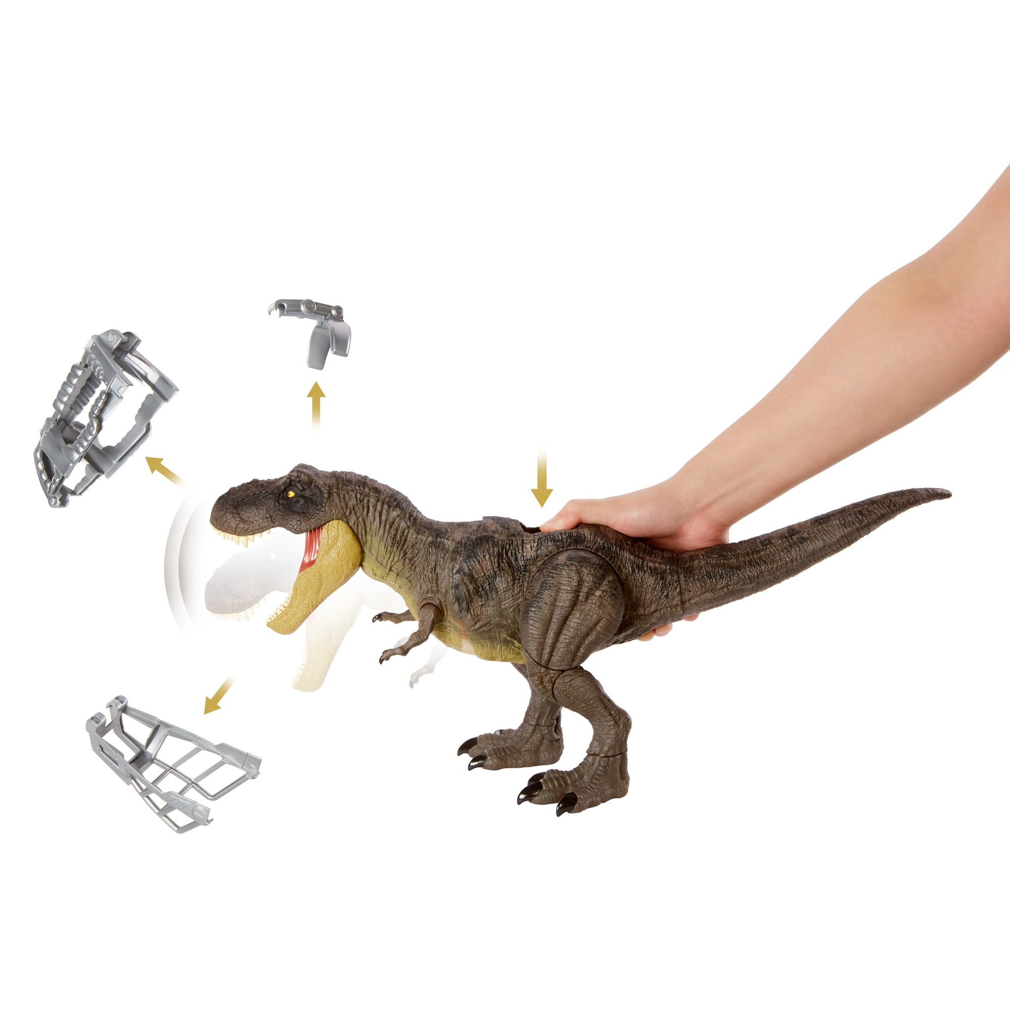 Un juguete de Tiranosaurio Rex marrón es sostenido por una mano. Piezas plateadas desmontables flotan a su alrededor, mostrando cómo se puede modificar.