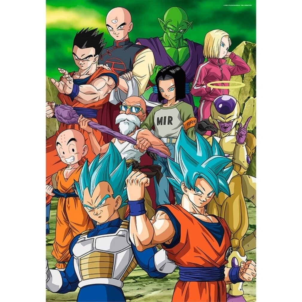Postacie z anime Dragon Ball. Goku, Vegeta i inni są na pierwszym planie. Tło przedstawia zielone wzgórza i więcej postaci.