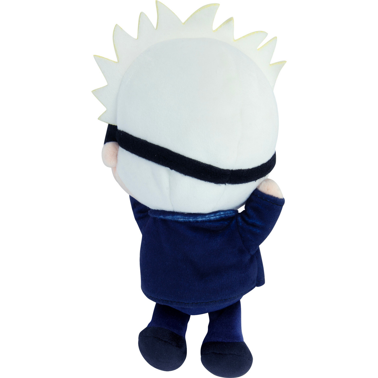 Pluszowa lalka postaci z kolczastymi białymi włosami, czarną przepaską na oczy i niebieskim strojem, widziana od tyłu, na białym tle.