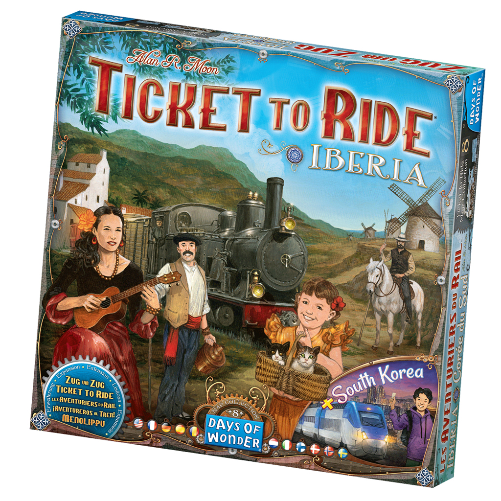 Schachtelkunst für Ticket to Ride: Iberia. Es zeigt eine Frau mit Gitarre, einen Zug und Menschen. Ein Mädchen hält einen Korb mit Katzen.