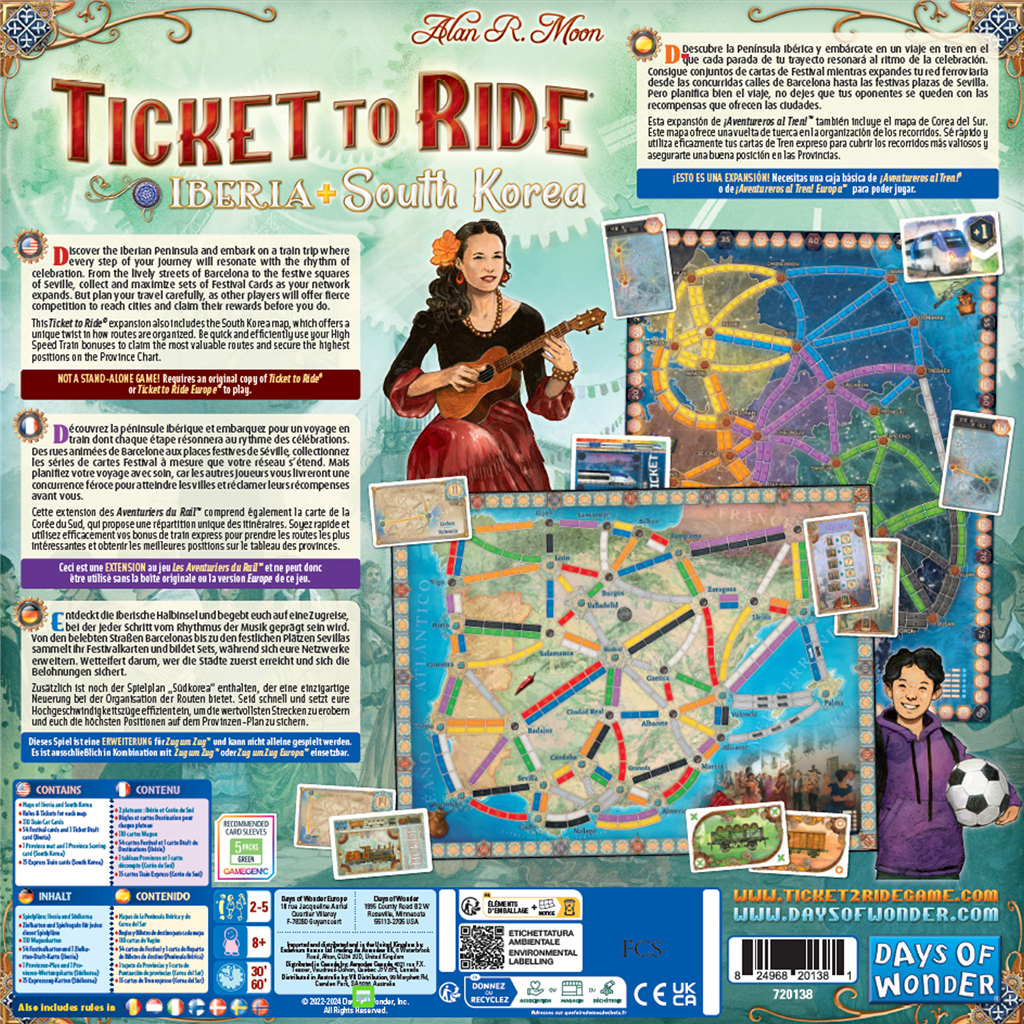 Brettspielbox mit Karte, Personen und einer Ukulele spielenden Frau. Enthält Spieldetails und Text.