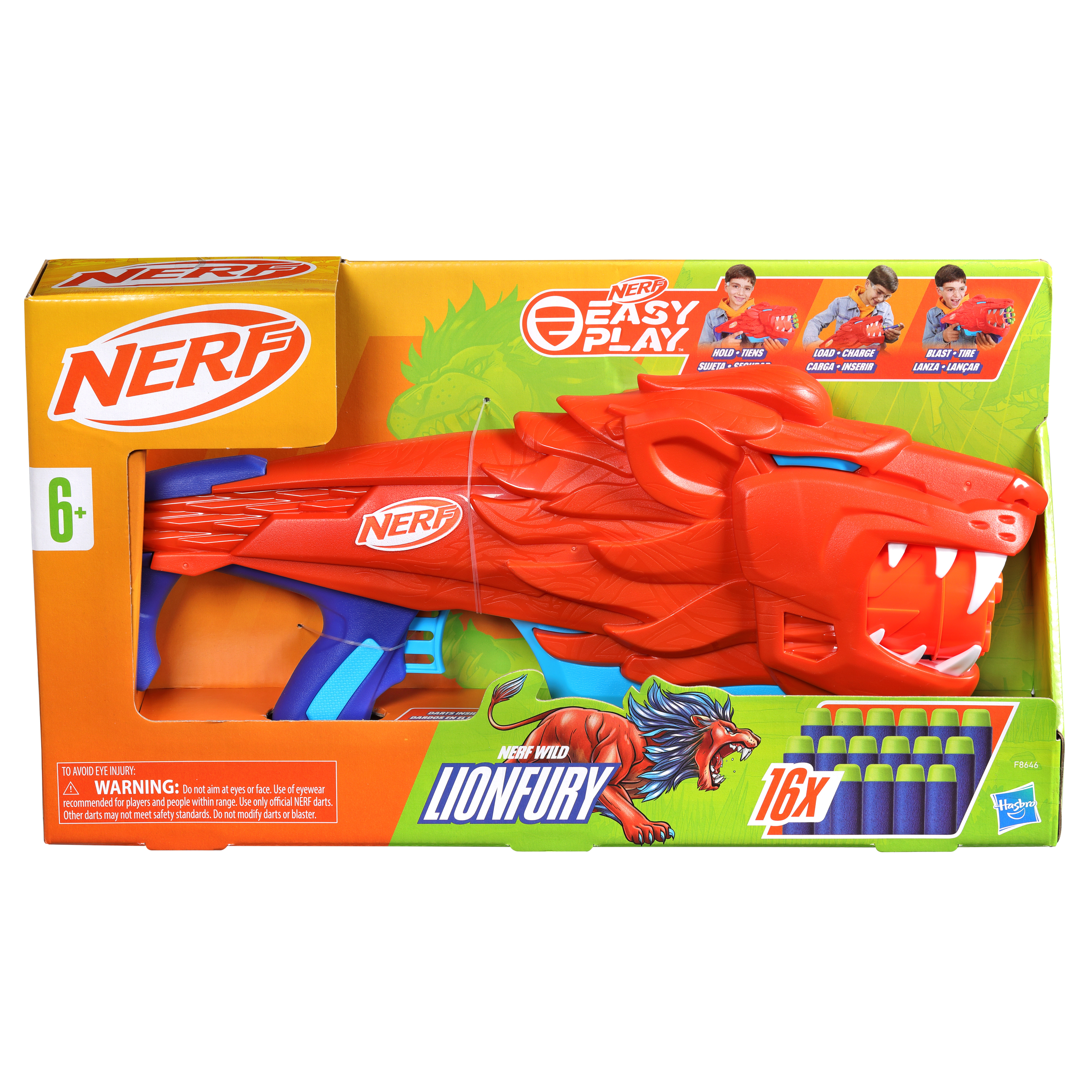 Zabawka Nerf Lionfury w pudełku. Jest pomarańczowa i niebieska z 16 niebieskimi i zielonymi strzałkami.
