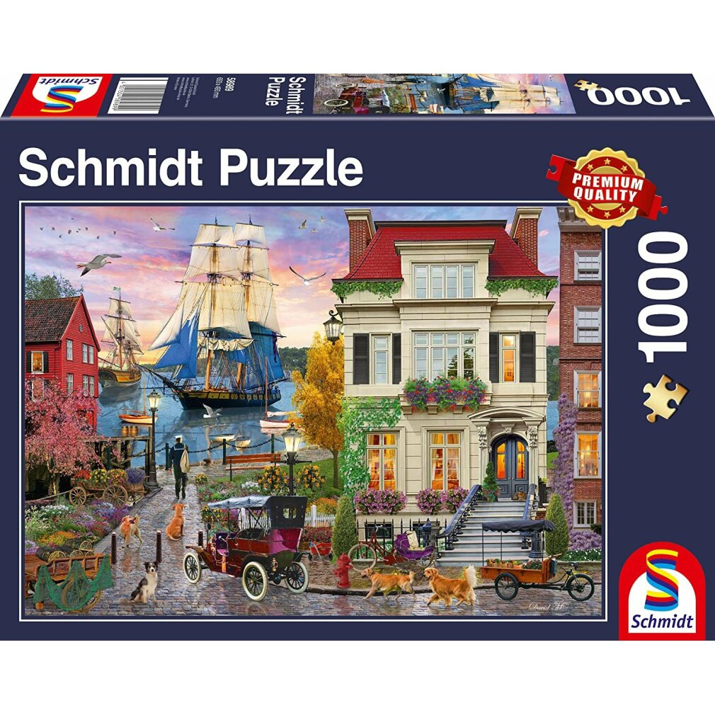 Puzzledose mit einem Landschaftsbild von Haus, Booten, Hunden und einem Oldtimer. Der Himmel hat einen Sonnenuntergang mit einem Premium-Qualitäts-Abzeichen.
