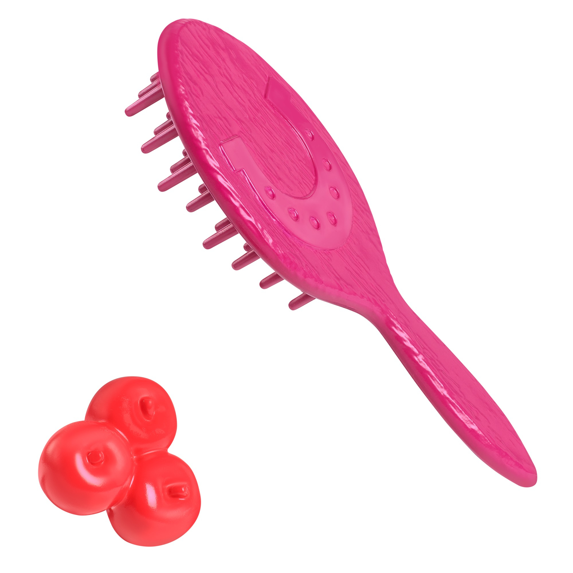 Różowa szczotka do włosów z motywem podkowy i trzy czerwone kulki na białym tle.
