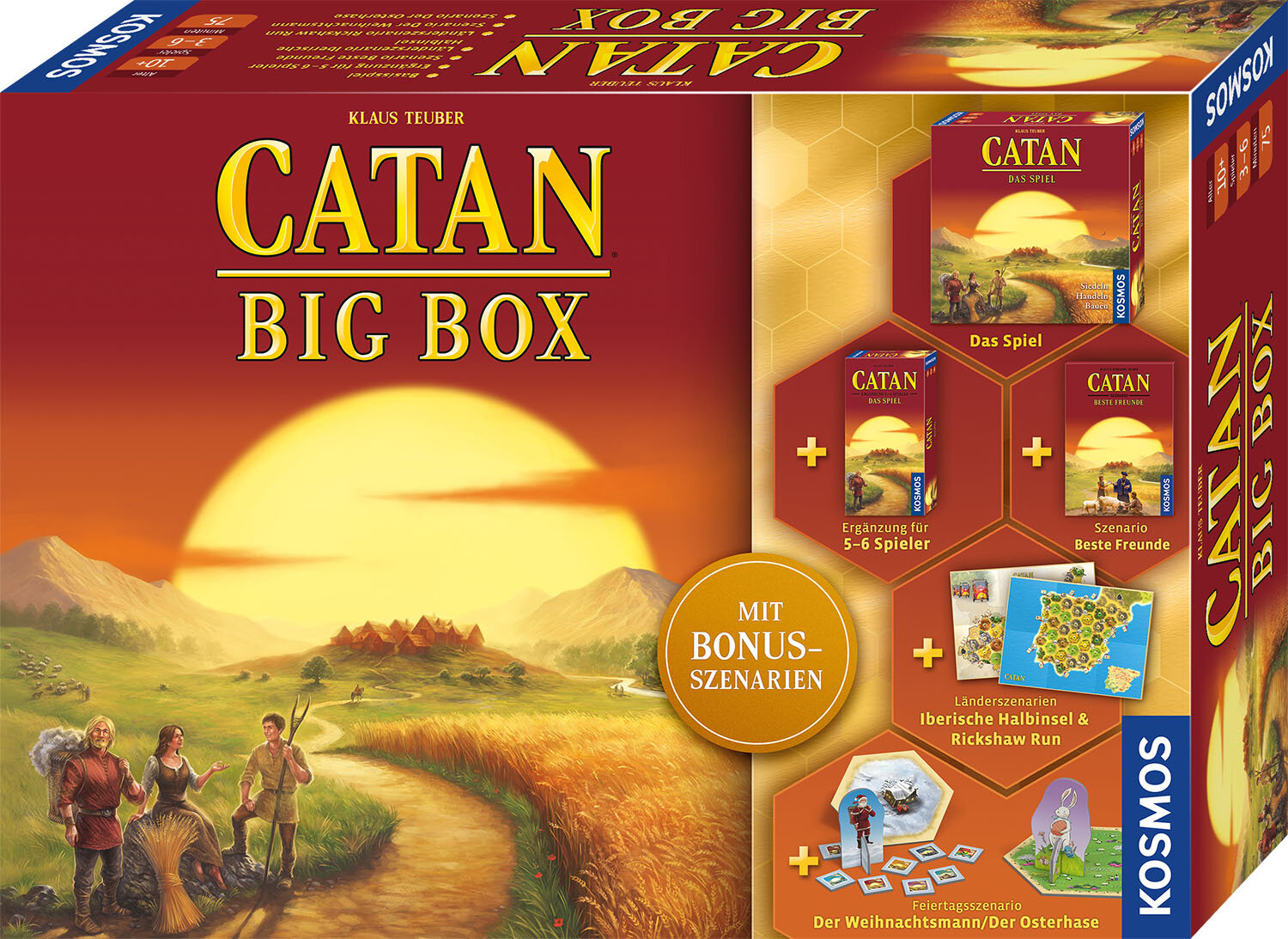 Juego Catan Big Box. La portada muestra componentes del juego, una escena de atardecer con figuras y cajas de juego adicionales.
