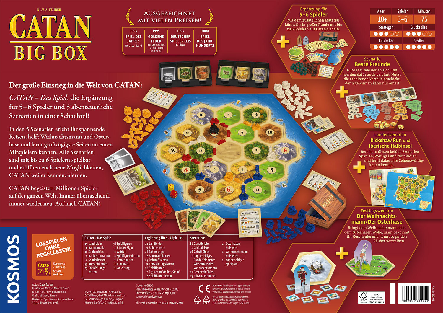 Caja de juego de mesa con texto e imágenes, incluyendo piezas de juego y un mapa con baldosas hexagonales.