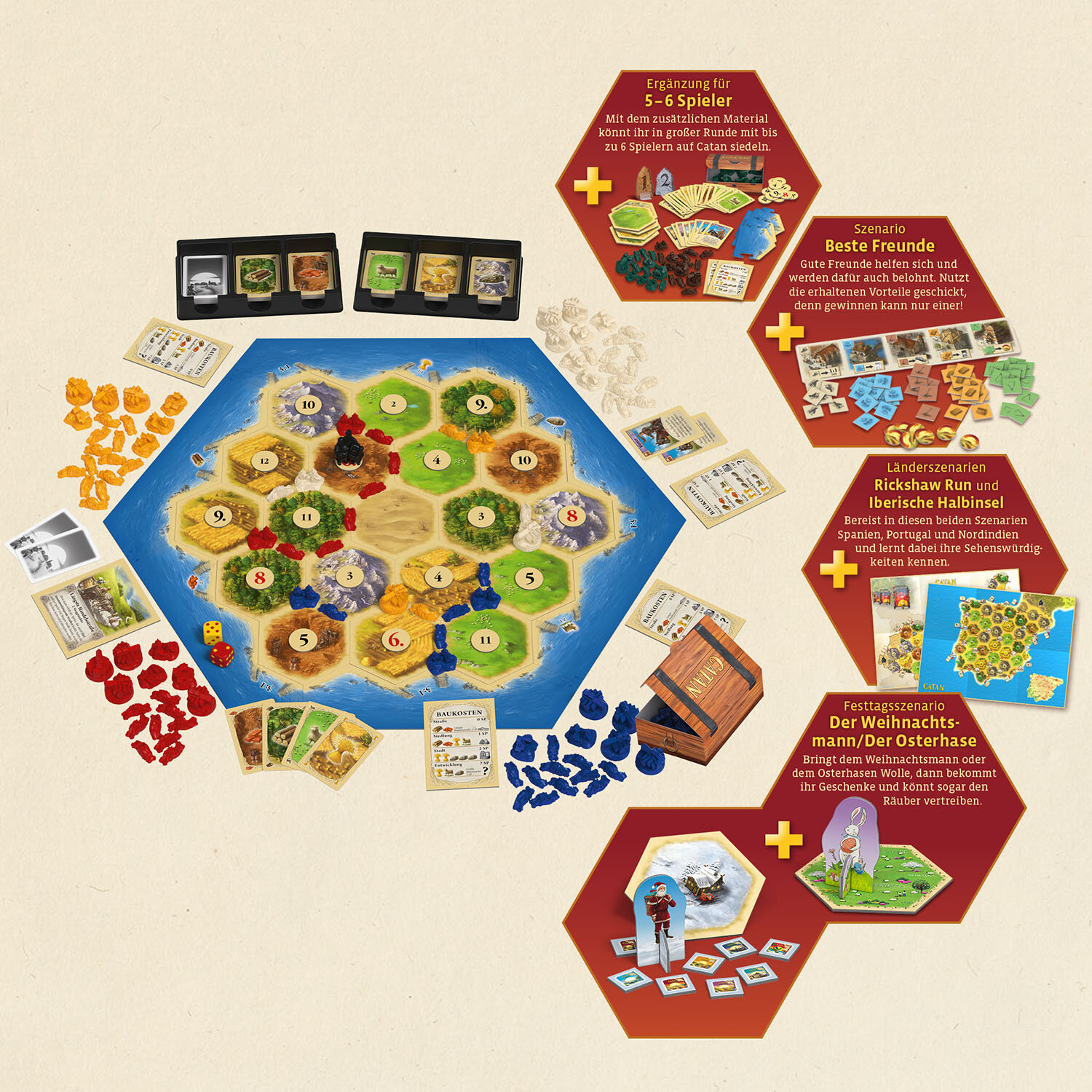 Juego de mesa Catan con piezas, cartas y escenarios. Tablero hexagonal con terrenos y números.