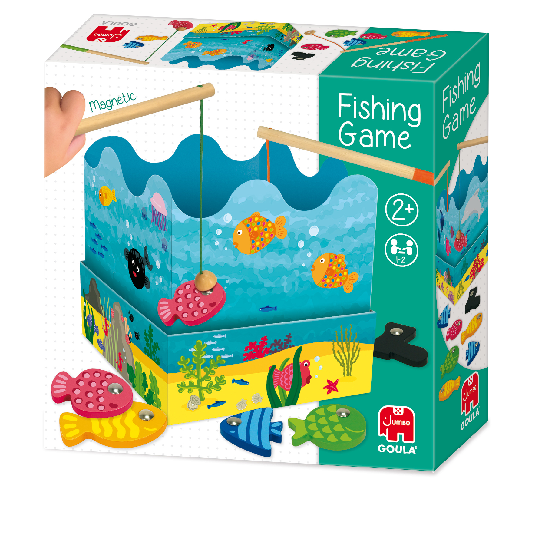 Pudełko z grą wędkarską z magnetycznymi wędkami i kolorowymi rybami. Pudełko mówi 'Gra w wędkowanie' i ma etykietę wiekową 2+.