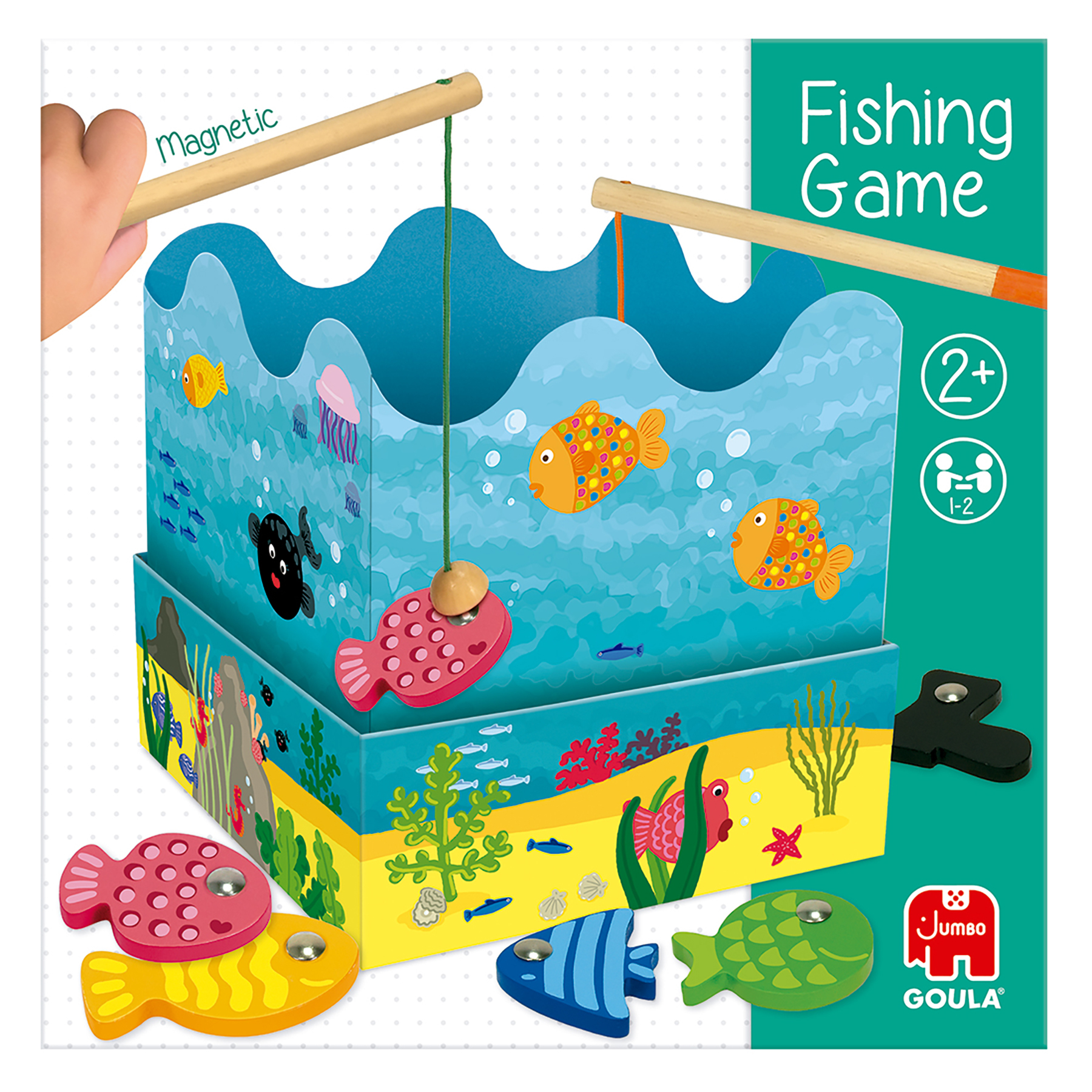 Gra w wędkowanie z drewnianymi wędkami i kolorowymi magnetycznymi rybami. Niebieskie tło oceanu z stworzeniami morskimi.