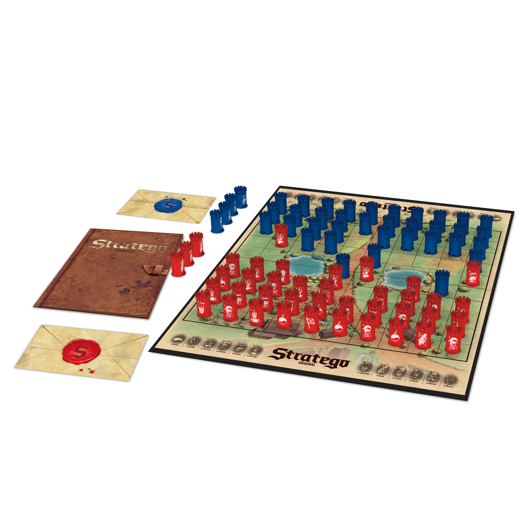 Stratego board game with red and blue pieces arranged on a grid, envelopes, and a closed leather book.