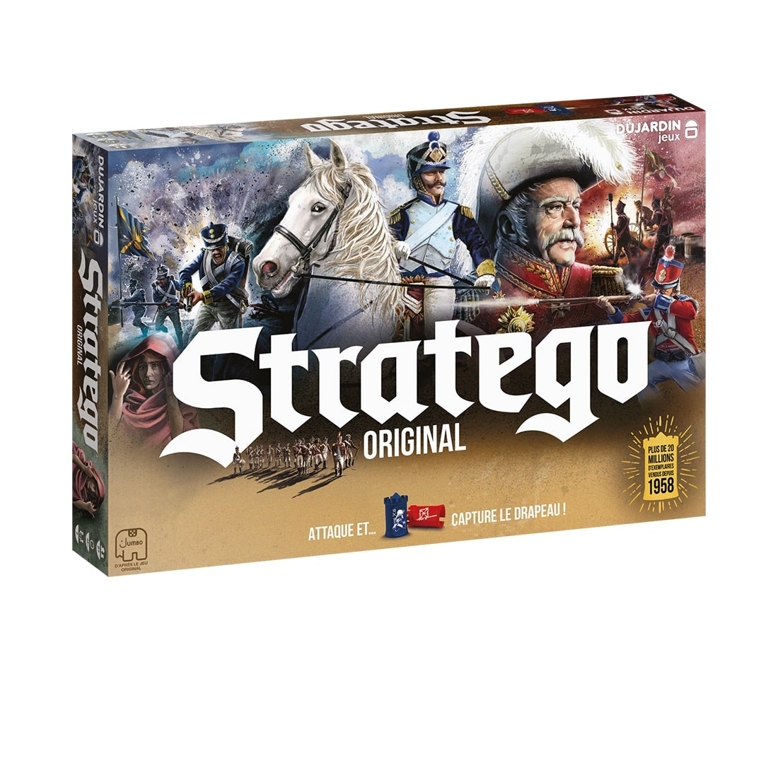 Stratego board game box. Soldiers on horses and on foot are depicted. The title "Stratego Original" is prominent.