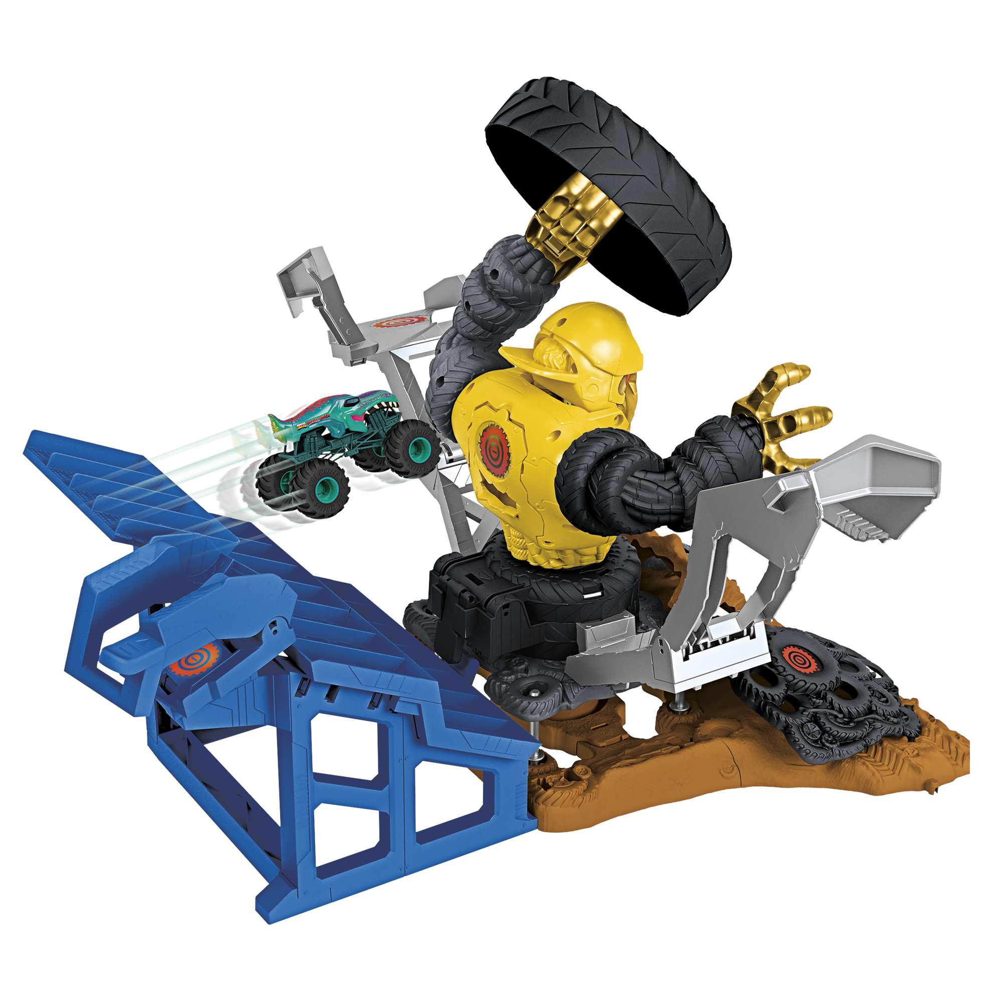 Zestaw zabawek z żółtym robotem, niebieską rampą i zielonym monster truckiem skaczącym w powietrzu.