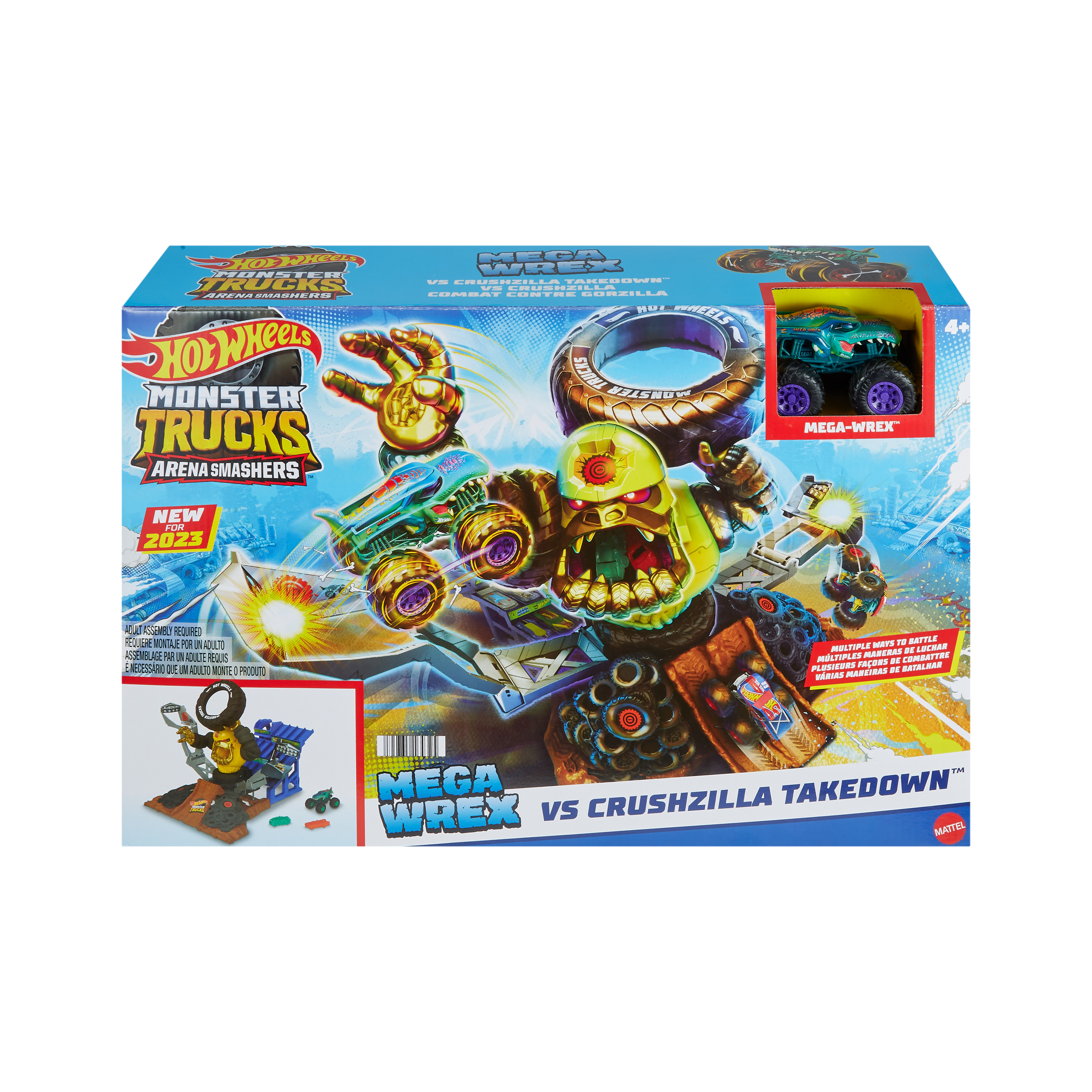 Grafika pudełka do zestawu z zabawkami Hot Wheels Monster Trucks. Przedstawia monster trucka i zestaw do zabawy.