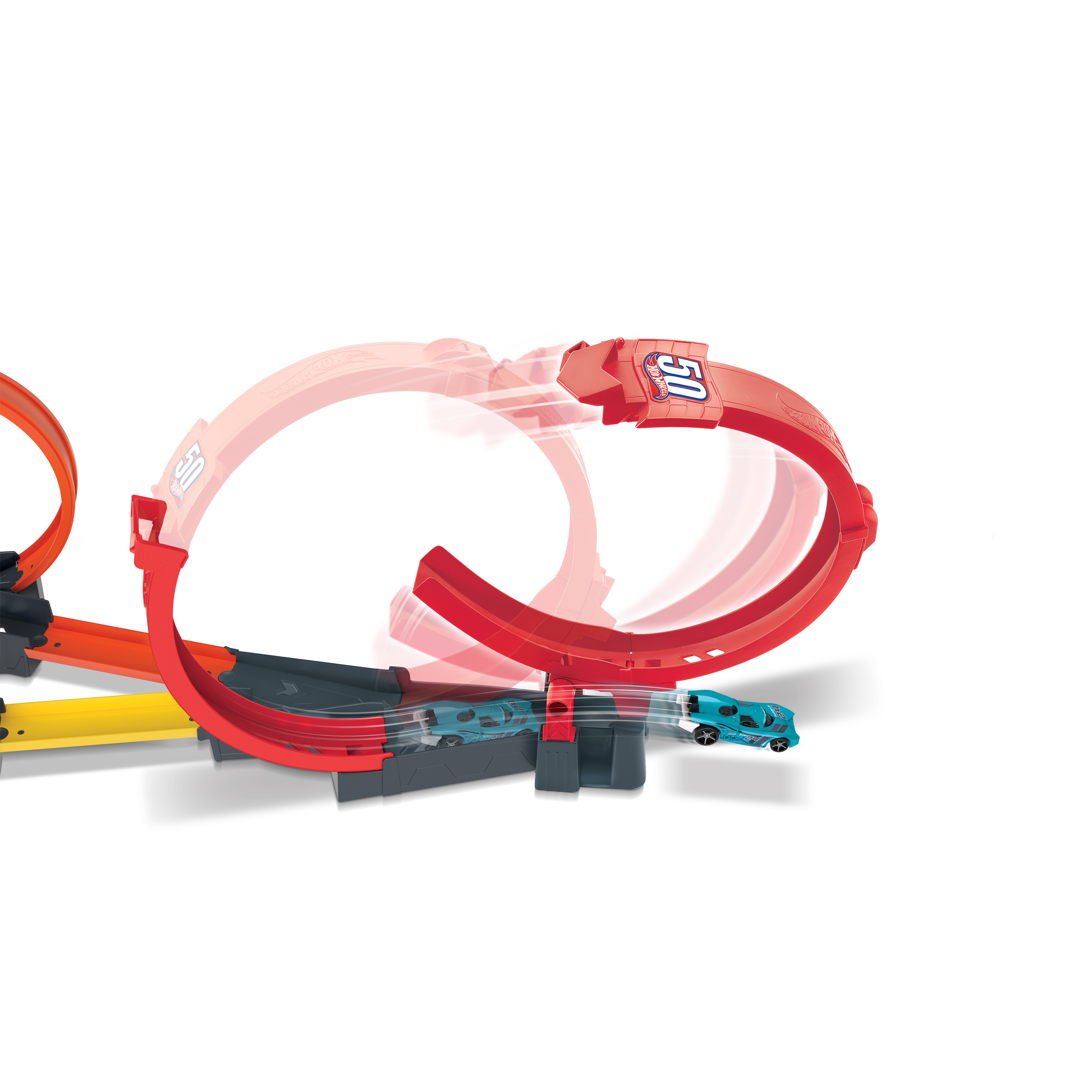 Zabawkowa trasa wyścigowa z czerwoną pętlą. Dwa niebieskie samochody ścigają się. Tor jest na białym tle.