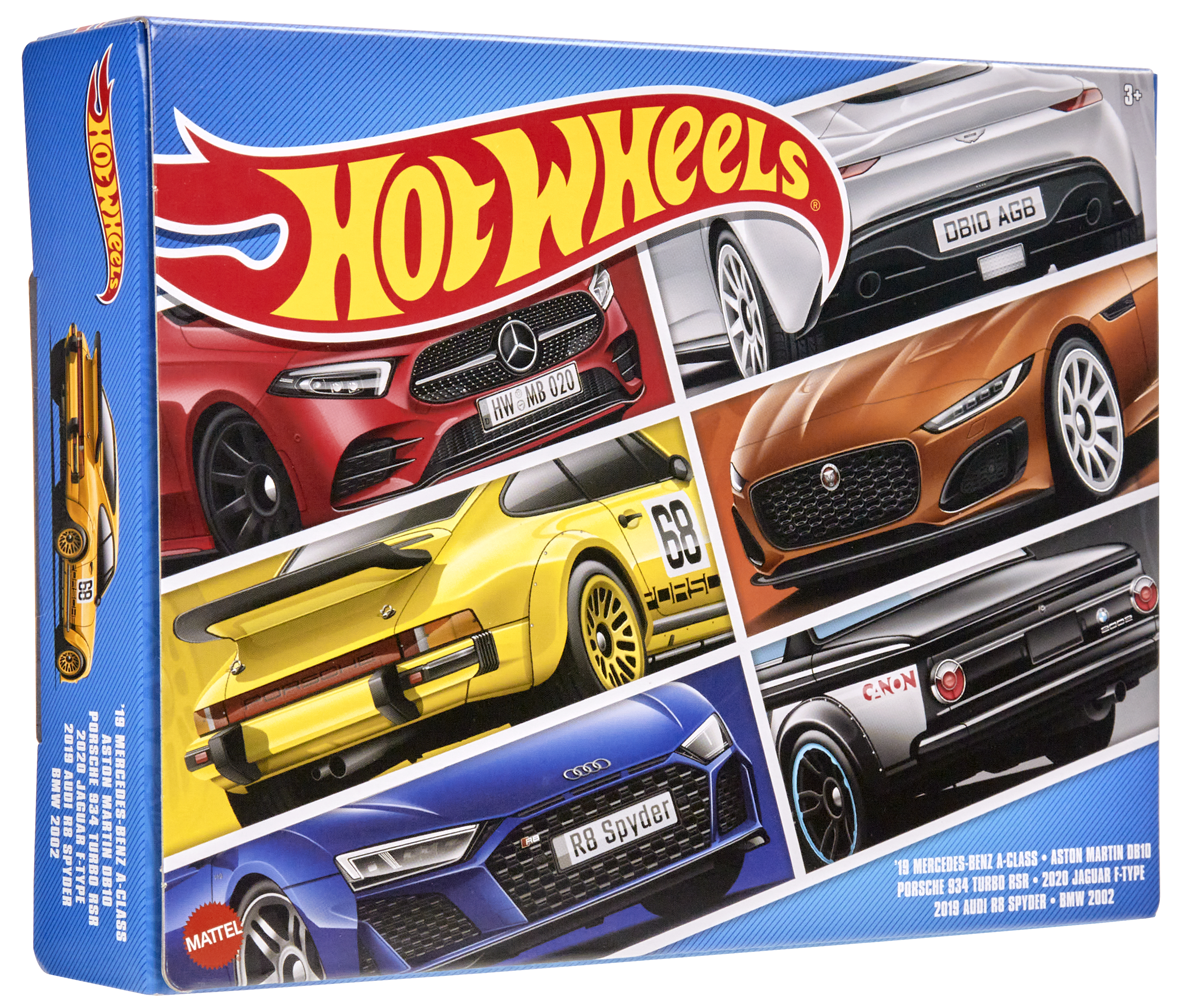 Pudełko Hot Wheels ze zdjęciami samochodów: modele Mercedes, Aston Martin, Porsche, Jaguar, Audi i BMW.