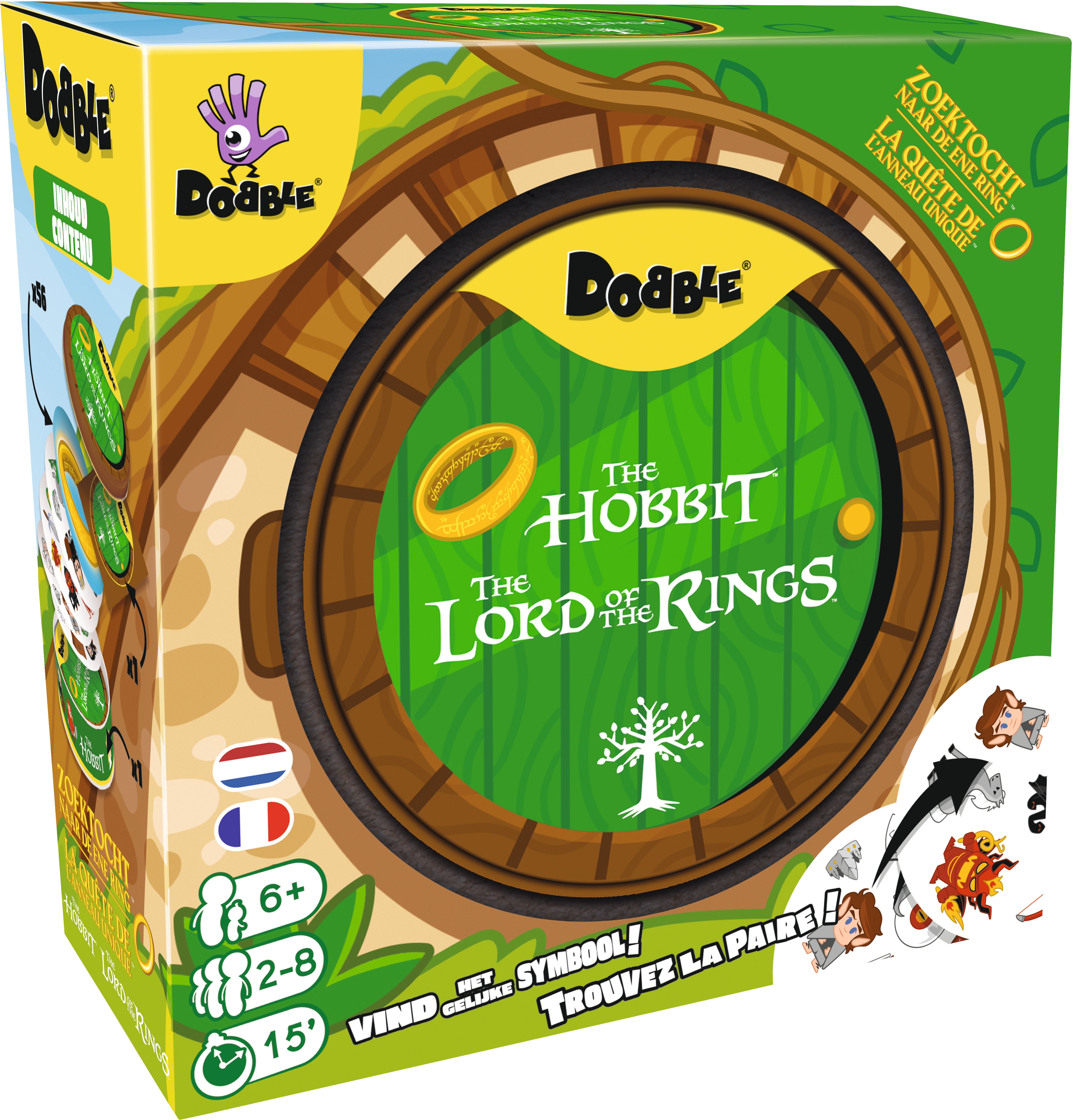 De doos voor een Hobbit/Lord of the Rings kaartspel, met de naam van het spel en een afbeelding van een deur.