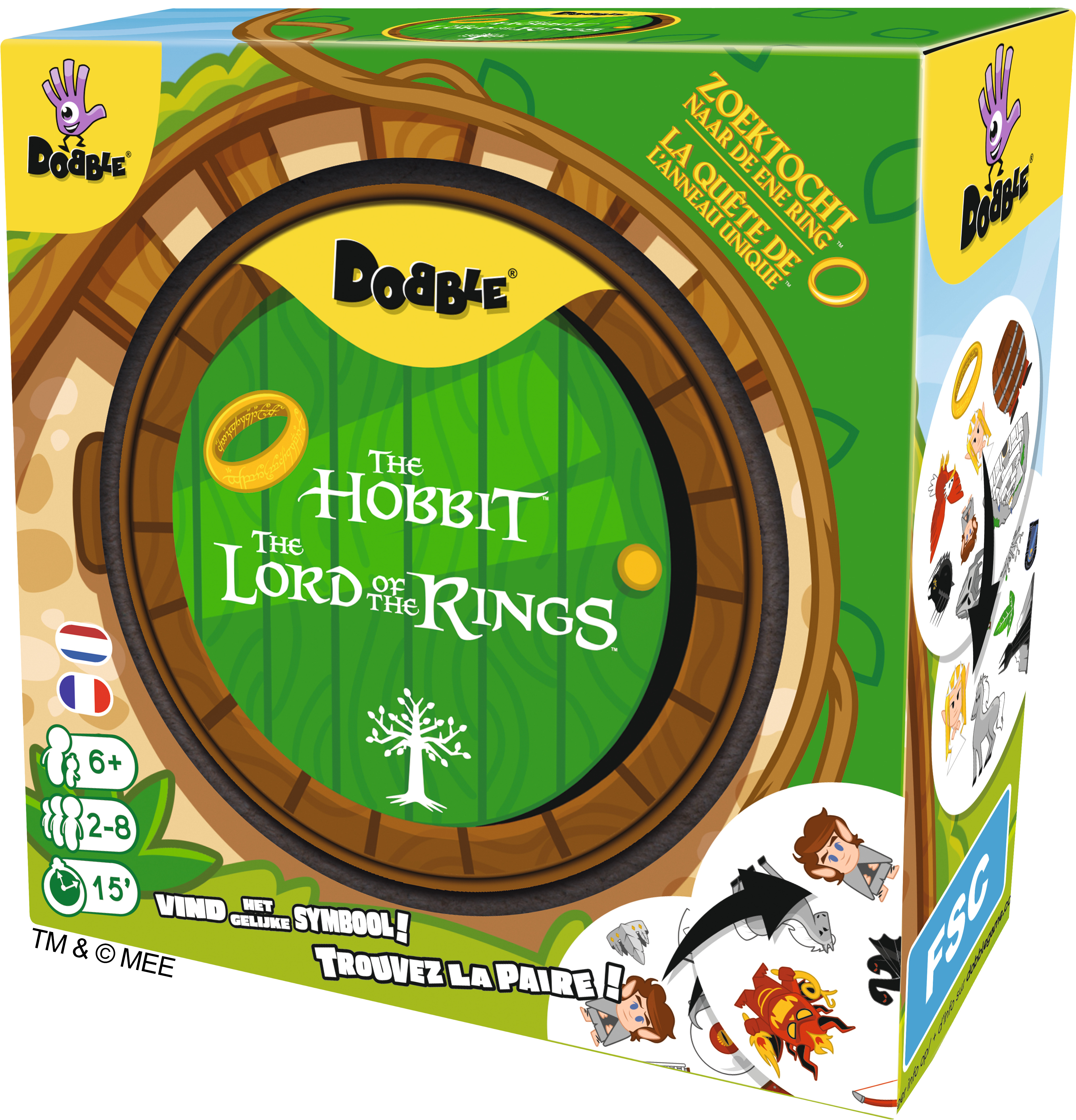 Een Dobble-speldoos voor De Hobbit en Lord of the Rings. Toont een groene deur met een gouden ring en spelpersonages.