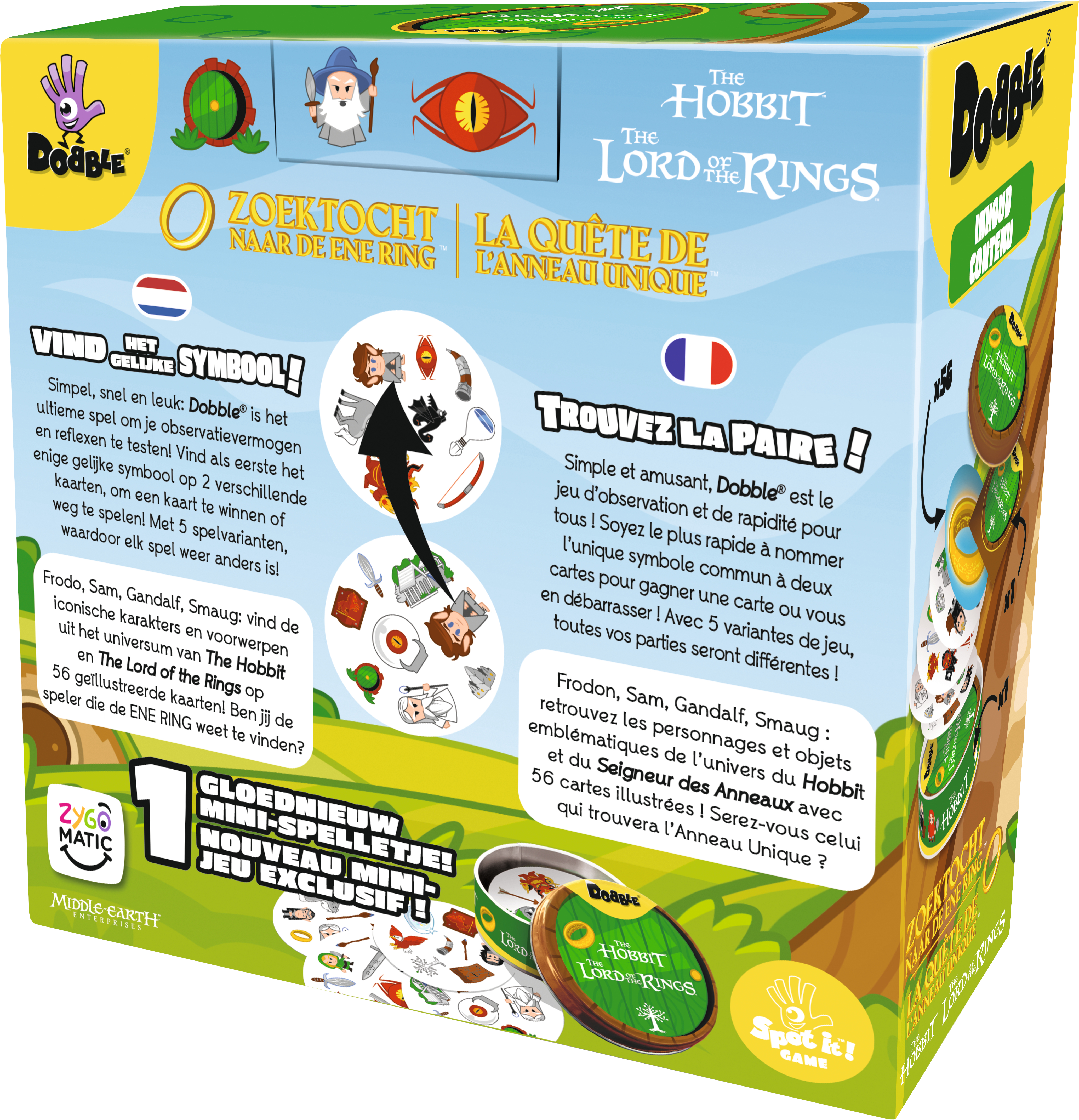 Doos van Dobble Lord of the Rings spel met afbeeldingen van personages en symbolen.