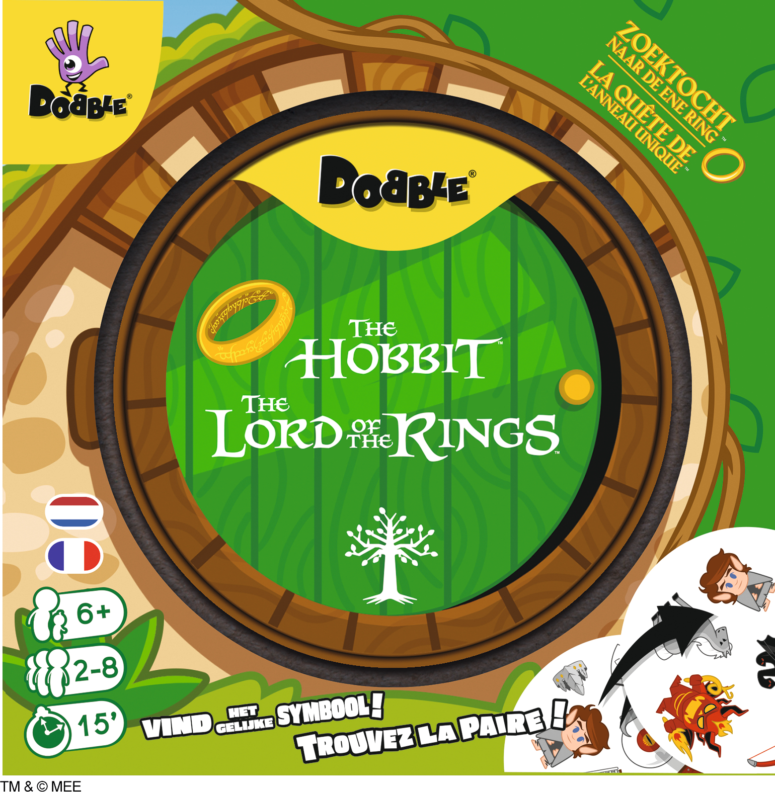 Een Dooble-bordspeldoos met de thema's The Hobbit en Lord of the Rings, met spelstukken en instructies.