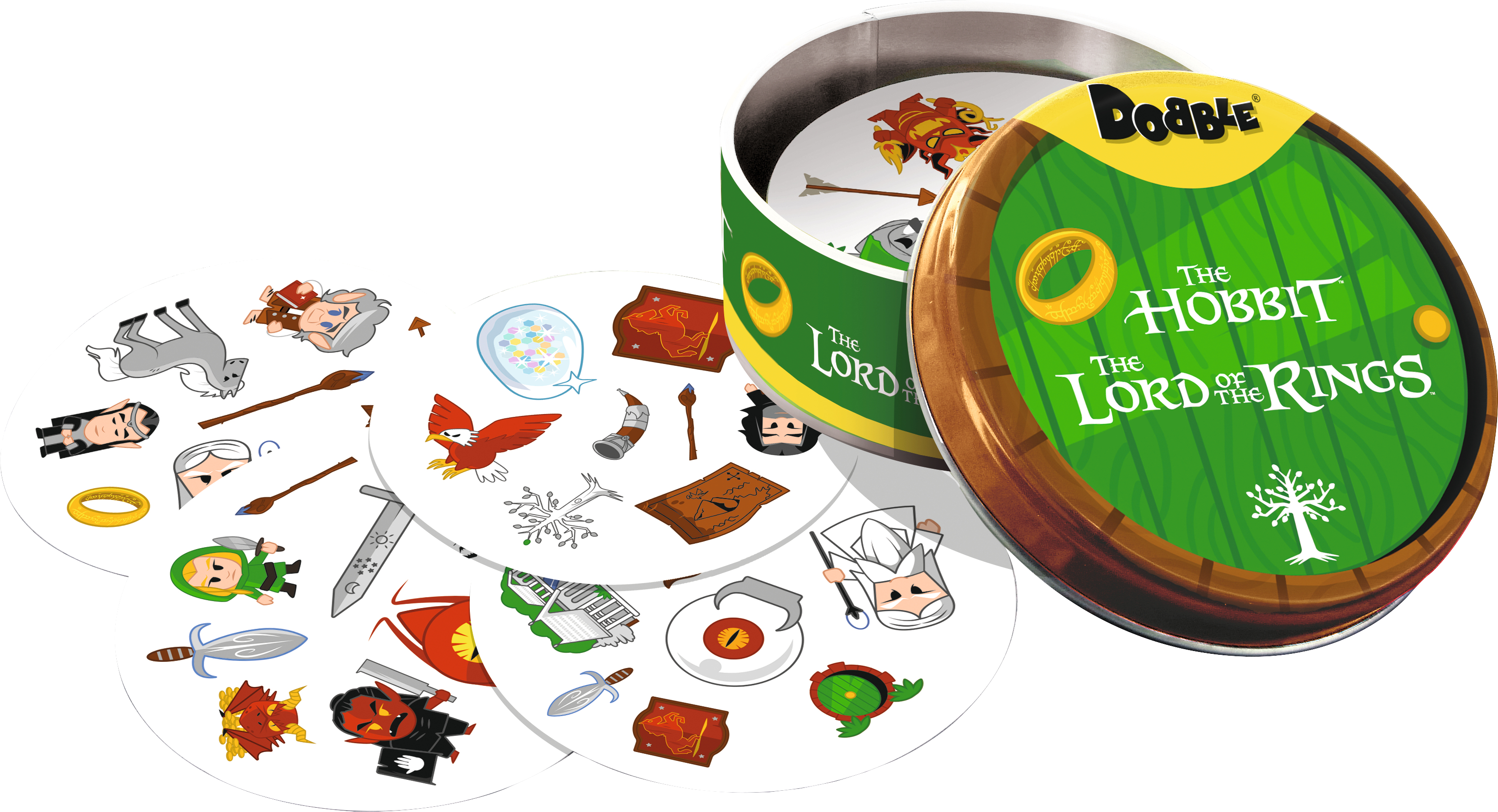Een Dobble-spel met personages uit 'De Hobbit' en 'In de Ban van de Ring'. Inclusief kaarten en een ronde container.