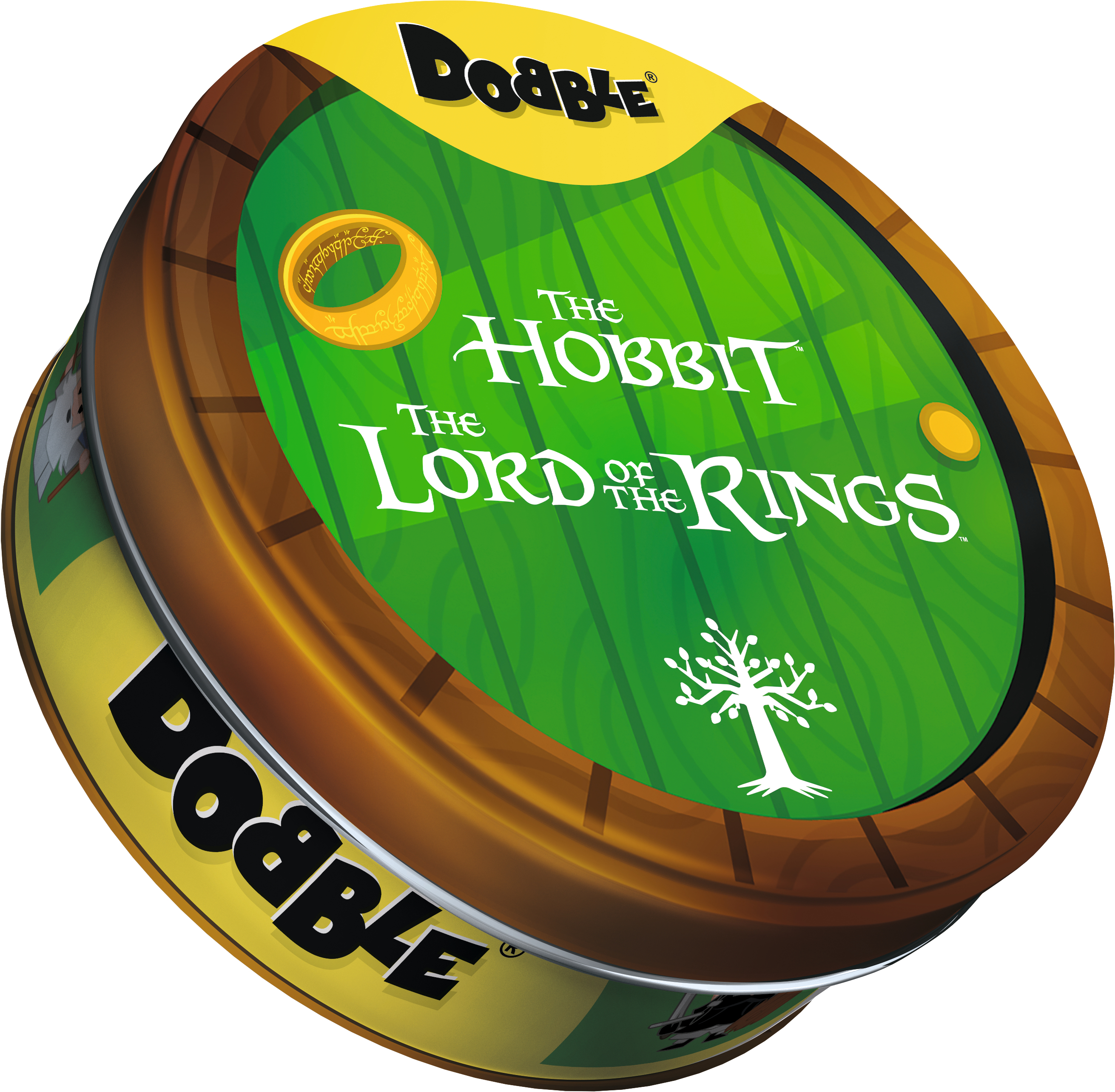 Het Dobble-speltin heeft een groen midden met The Hobbit en Lord of the Rings. Het blik heeft een tonvorm.