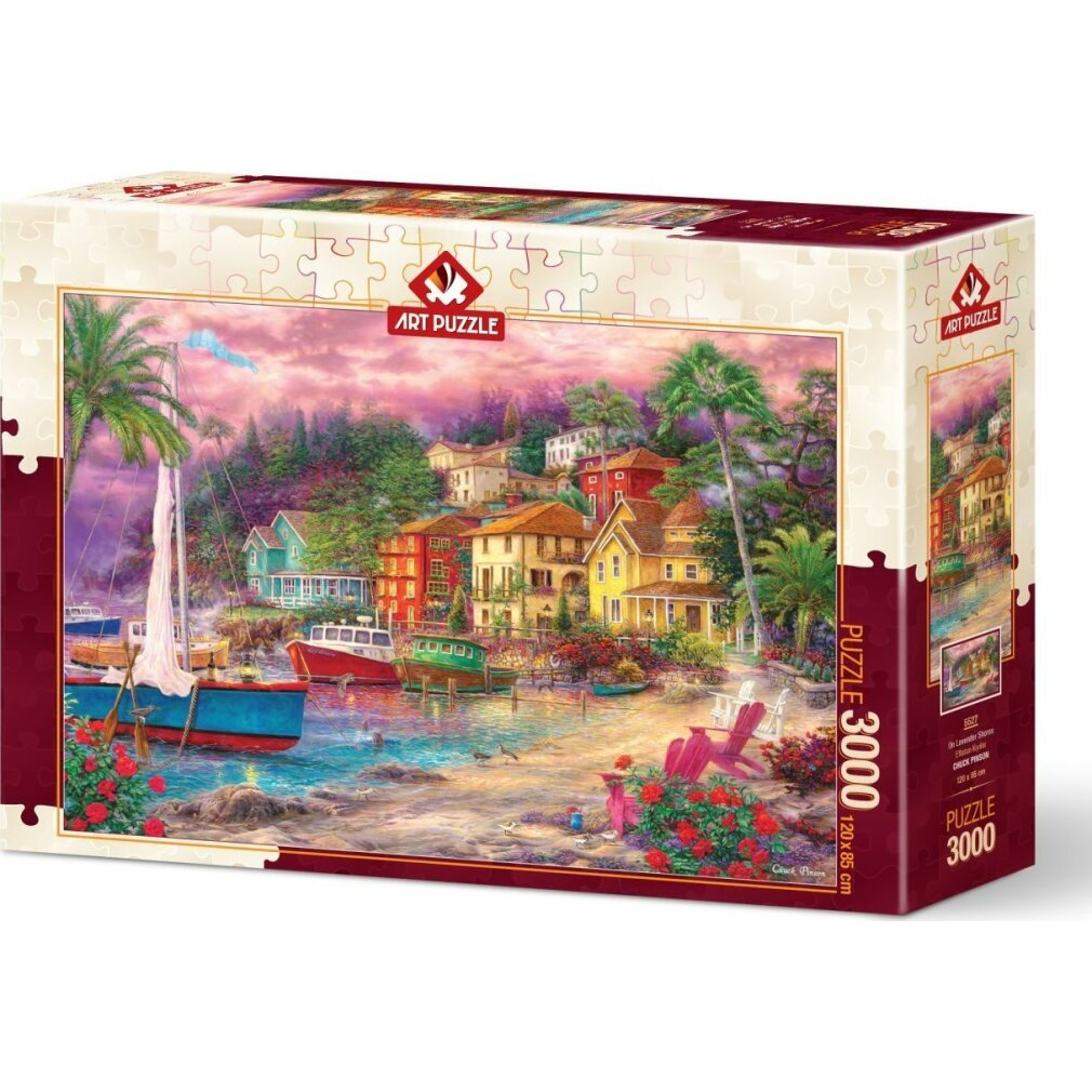 Puzzledose zeigt eine Küstenlandschaft mit bunten Häusern, Booten, Palmen und einem rosa Himmel. Auf der Box steht 'Art Puzzle' und 'Puzzle 3000'.
