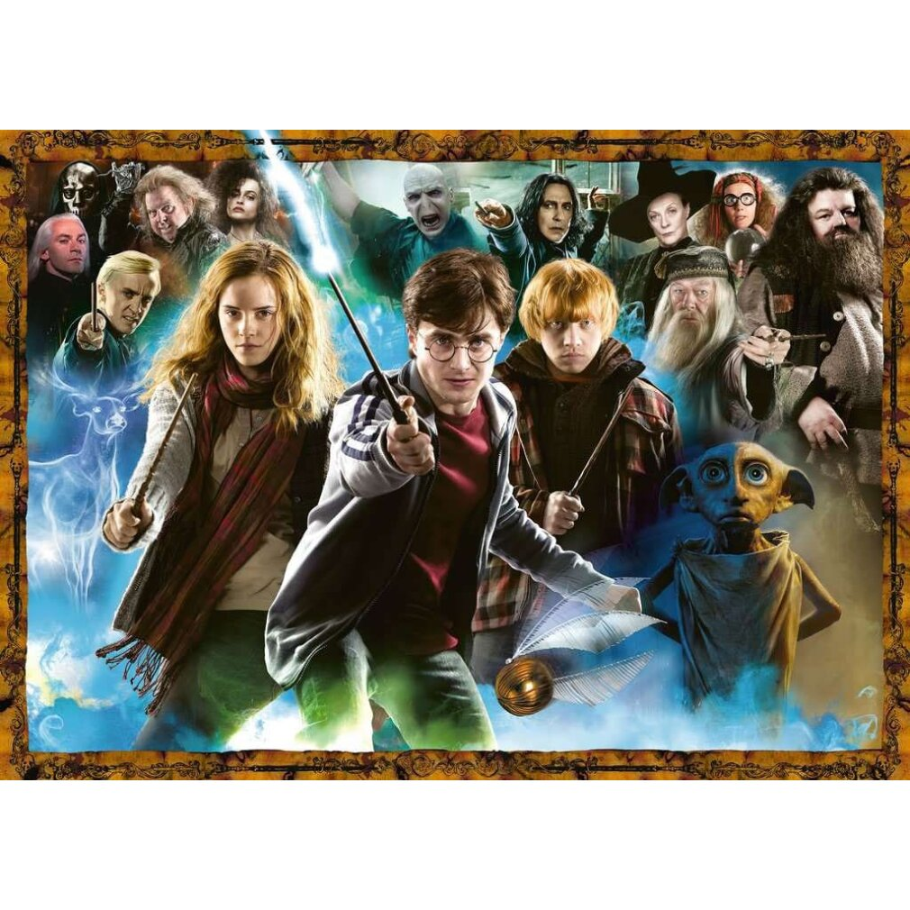 Plakat z postaciami z Harry'ego Pottera: Harry, Hermiona, Ron, Dumbledore, Voldemort i inni. Trzymają różdżki.