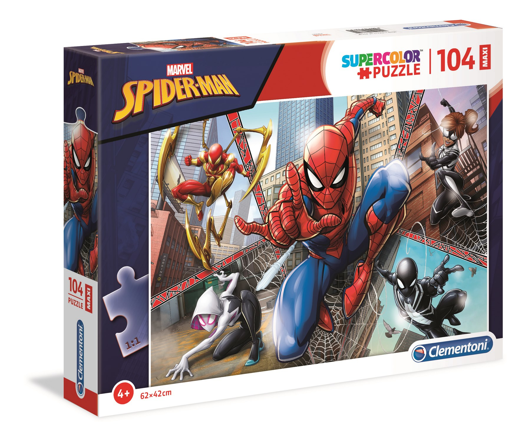 Pudełko z puzzlami z Spider-Manem, Spider-Gwen i innymi postaciami na tle miasta. Na pudełku napis Supercolor Puzzle.