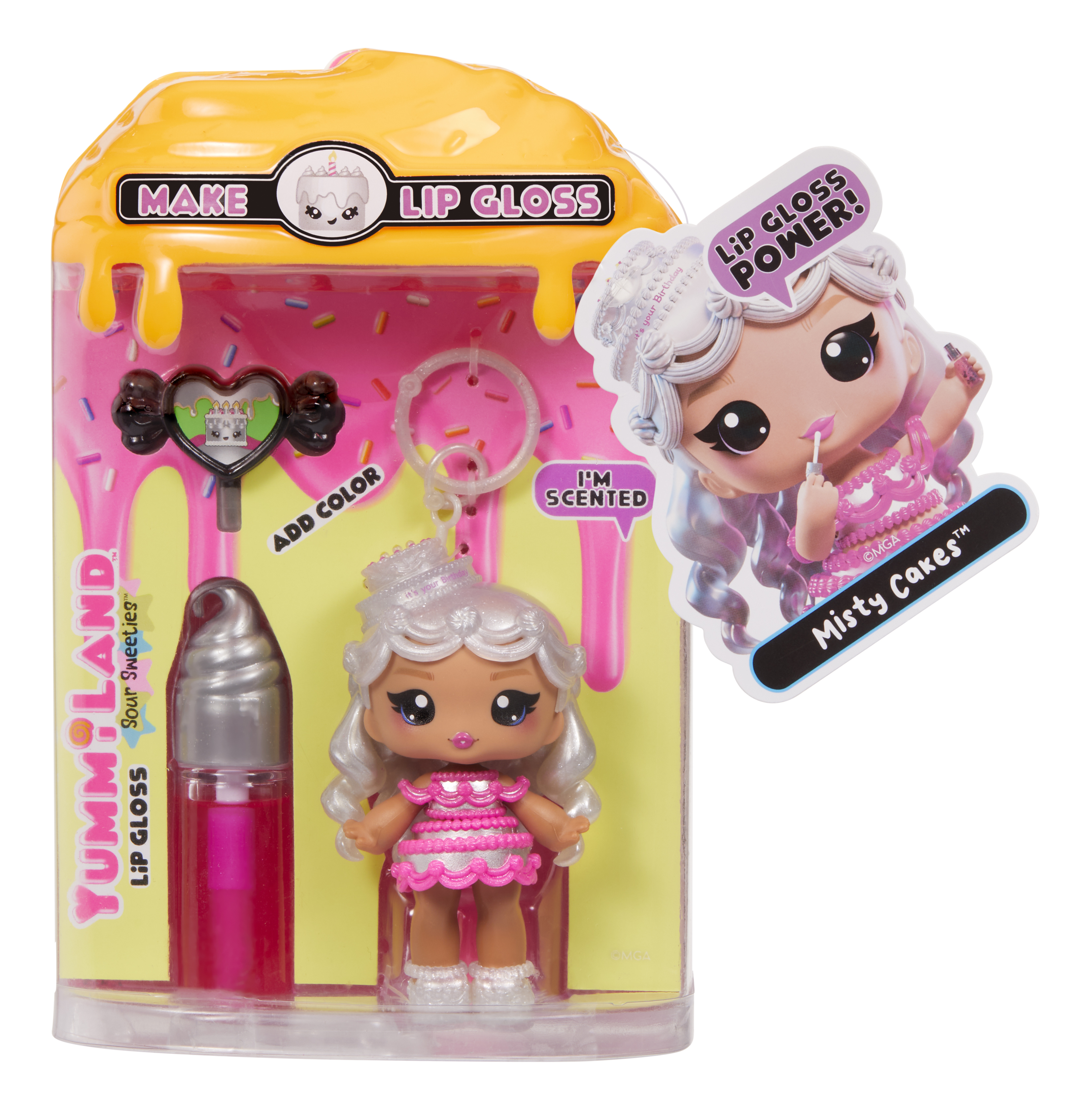 Ein Lipgloss-Kit mit einer Puppe, Lipgloss und einem Etikett. Die Puppe trägt ein rosa Kleid und hat weiße Haare.