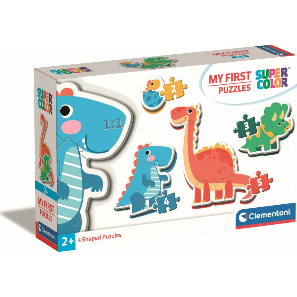 Une boîte de puzzles de dinosaures Clementoni. Elle montre un dinosaure bleu, un orange et des pièces de puzzle. C'est pour les 2 ans et plus.