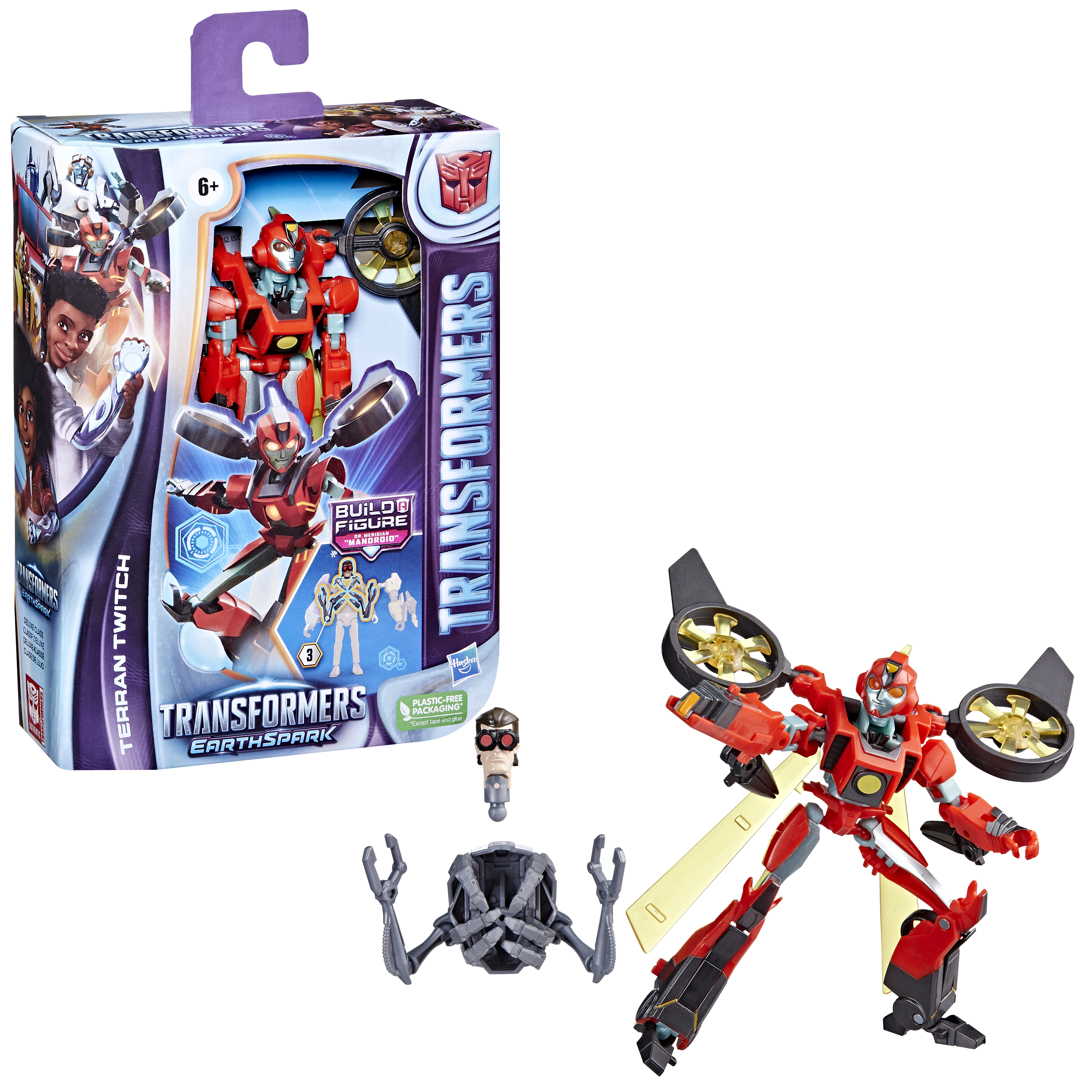 Un set di giocattoli Transformers Earthspark. Include un robot rosso con eliche, una scatola e parti smontate.