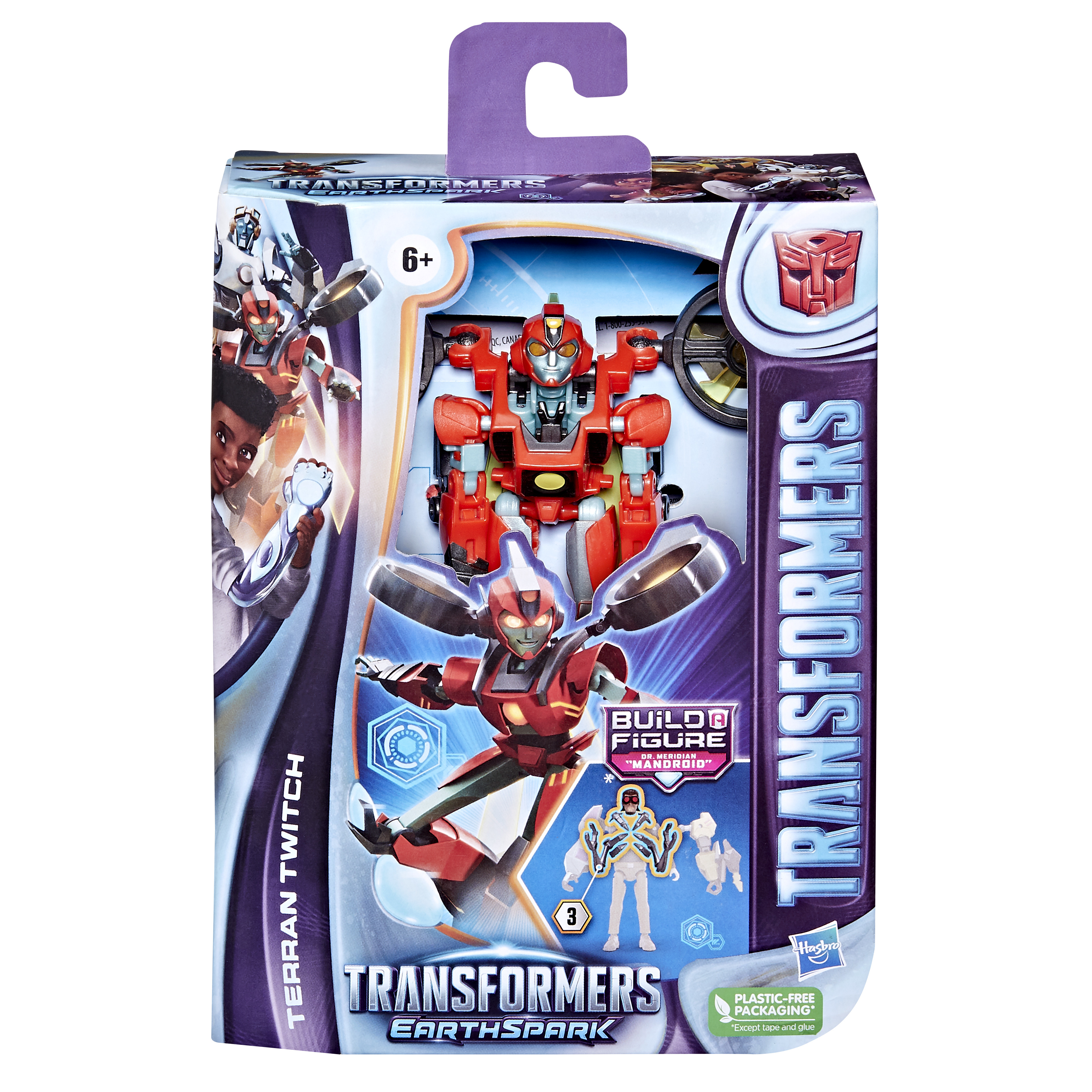 Una confezione di giocattoli Transformers. È visibile un giocattolo robot rosso. La scatola ha il logo Transformers e immagini dei personaggi.