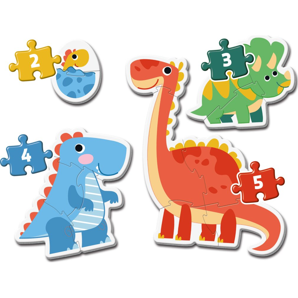 Un puzzle de dinosaures avec cinq pièces. Les dinosaures sont bleus, verts et rouges. Les chiffres 2, 3, 4 et 5 sont visibles.