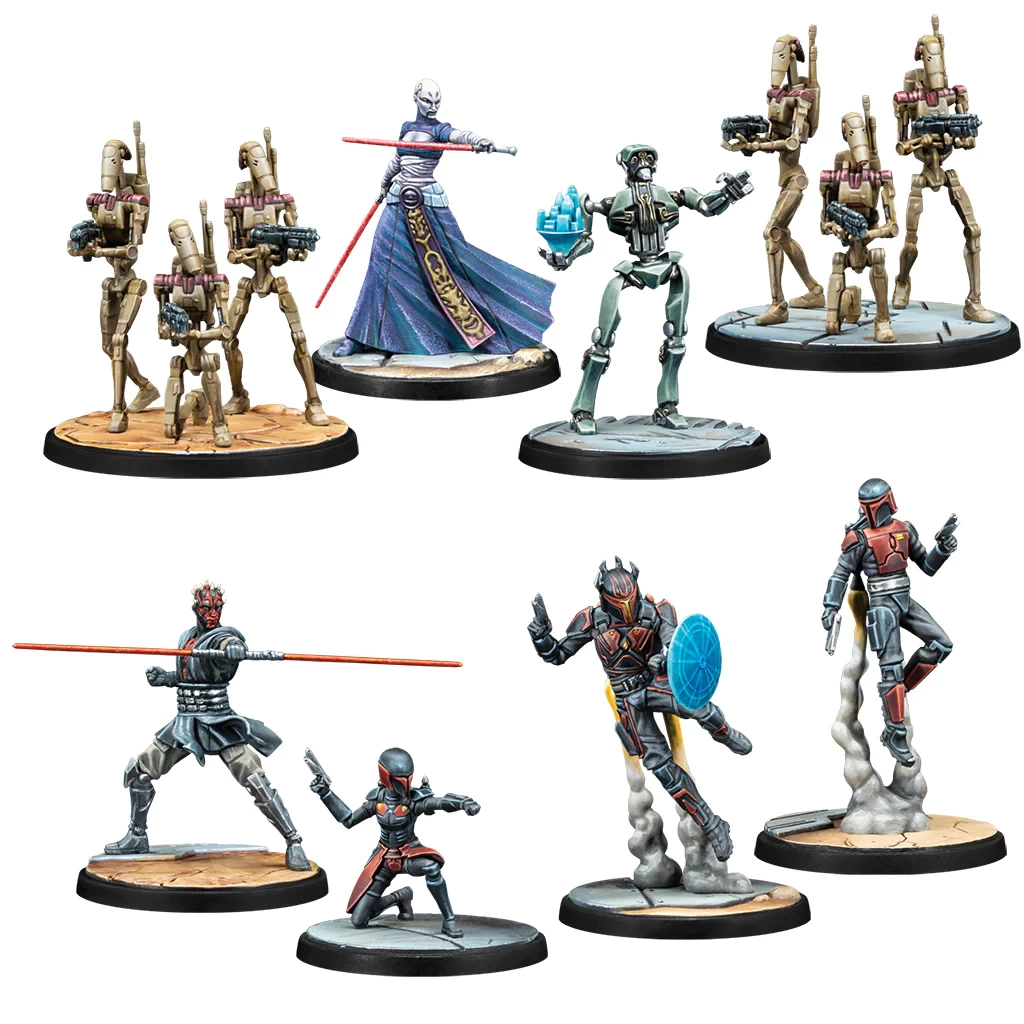 Miniaturfiguren von Star Wars-Charakteren werden gezeigt. Einige sind Kampfdroiden, andere sind Jedi, Sith und Mandalorianer, alle auf kreisförmigen Sockeln.