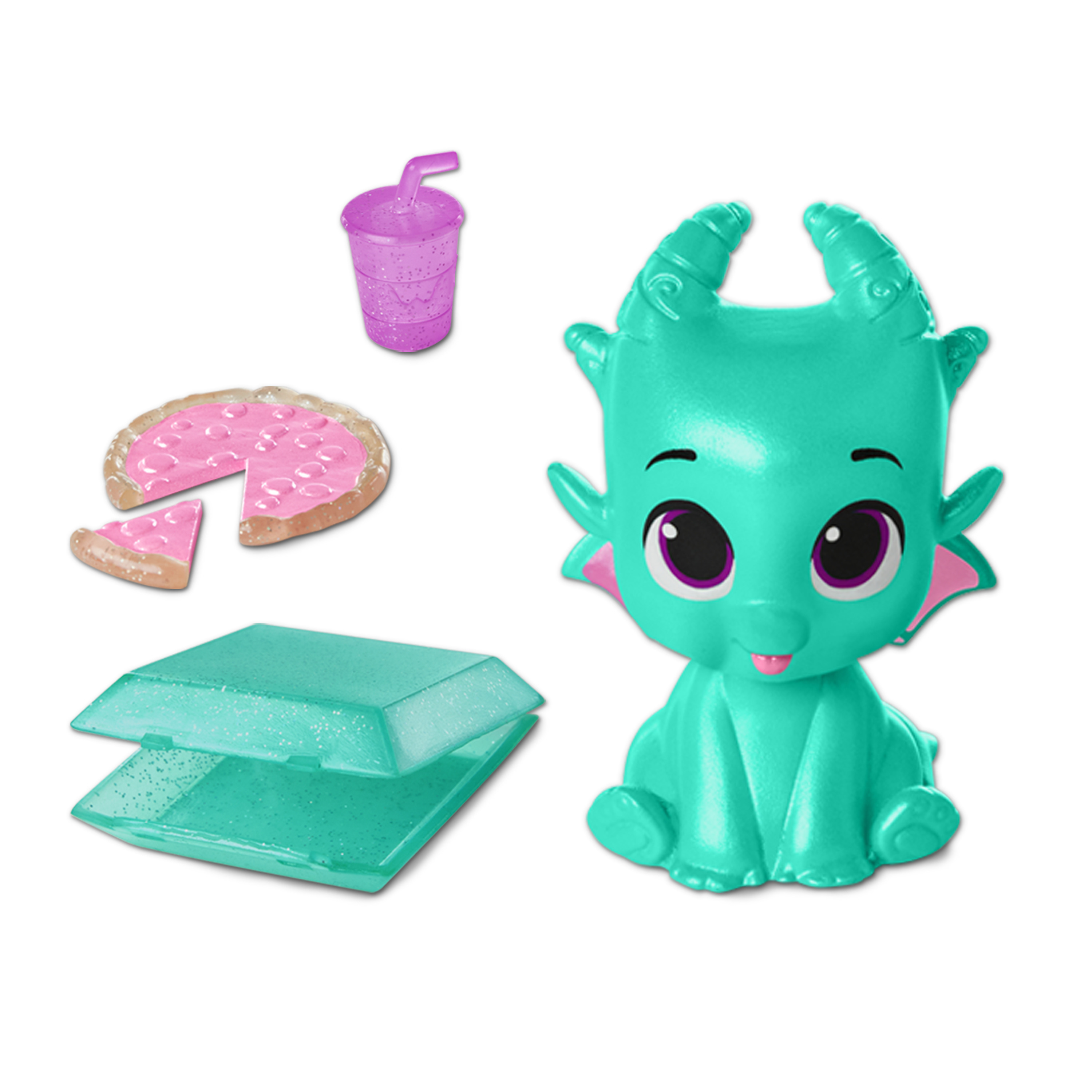 Turkusowa figurka smoka z jedzeniem, takim jak pizza i napój. Tło jest białe.