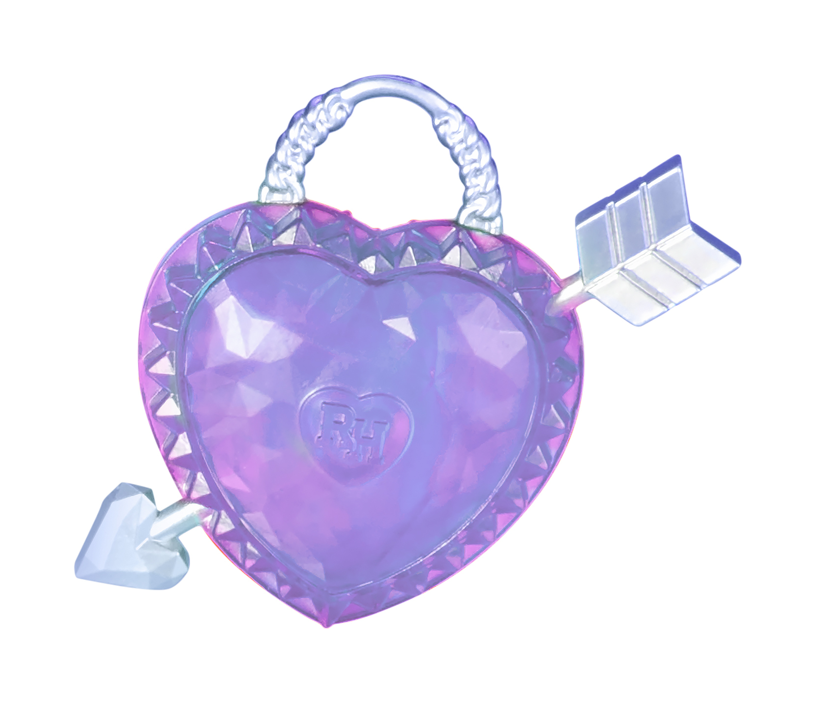 Torebka w kształcie serca z przechodzącą przez nią strzałą. Torebka jest fioletowa i ma przezroczysty uchwyt. Strzała jest srebrna.