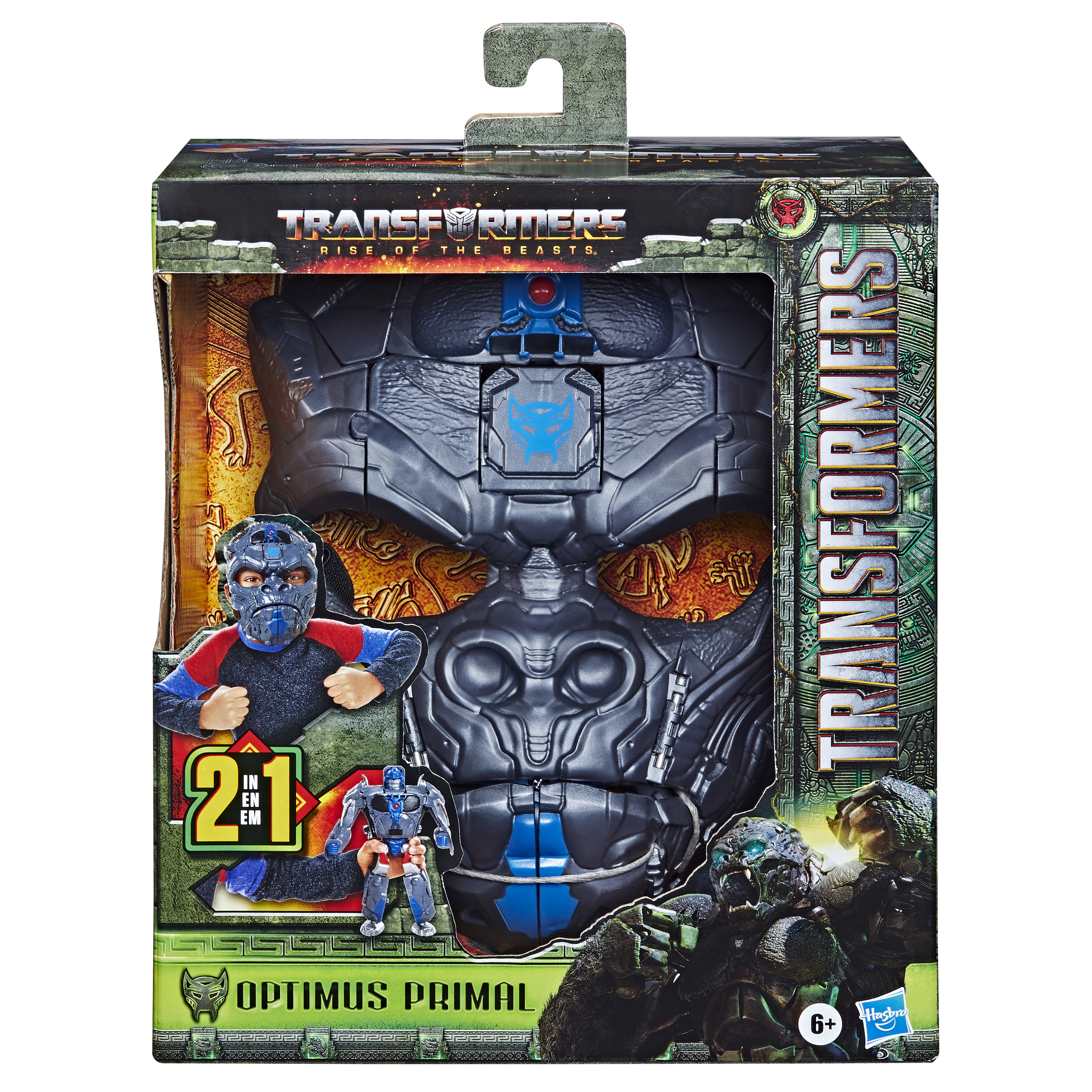 Paquete de juguetes Transformers. Presenta a Optimus Primal y un niño con máscara. Incluye texto y gráficos.